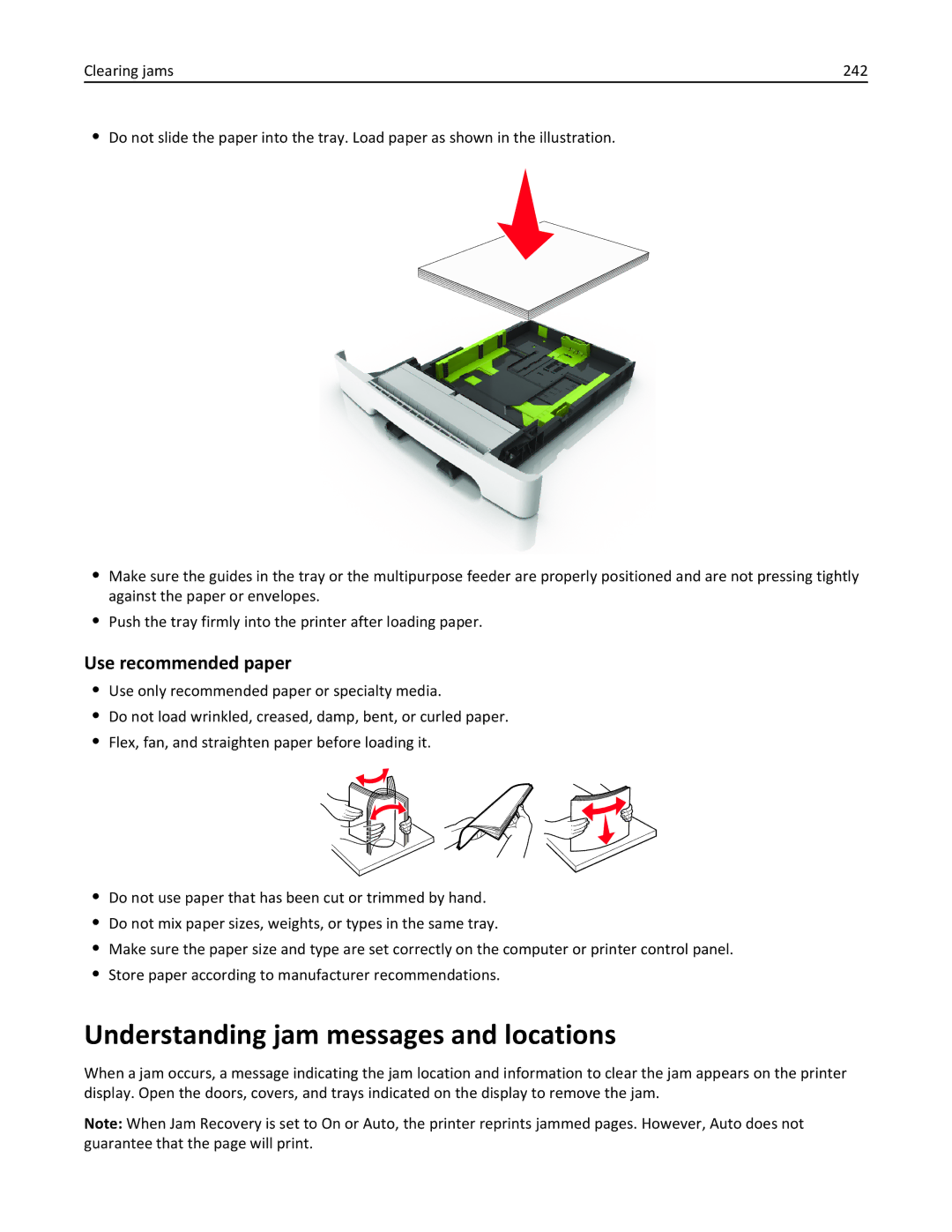 Lexmark CX410 manual Understanding jam messages and locations, Use recommended paper 