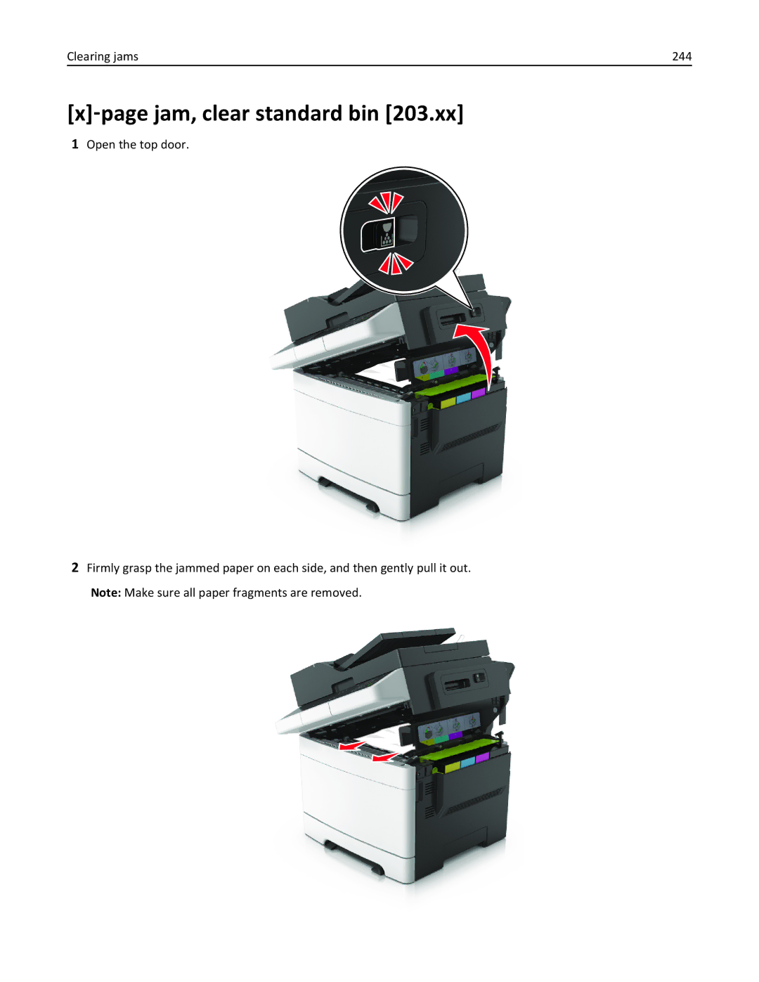 Lexmark CX410 manual ‑page jam, clear standard bin, Clearing jams 244 