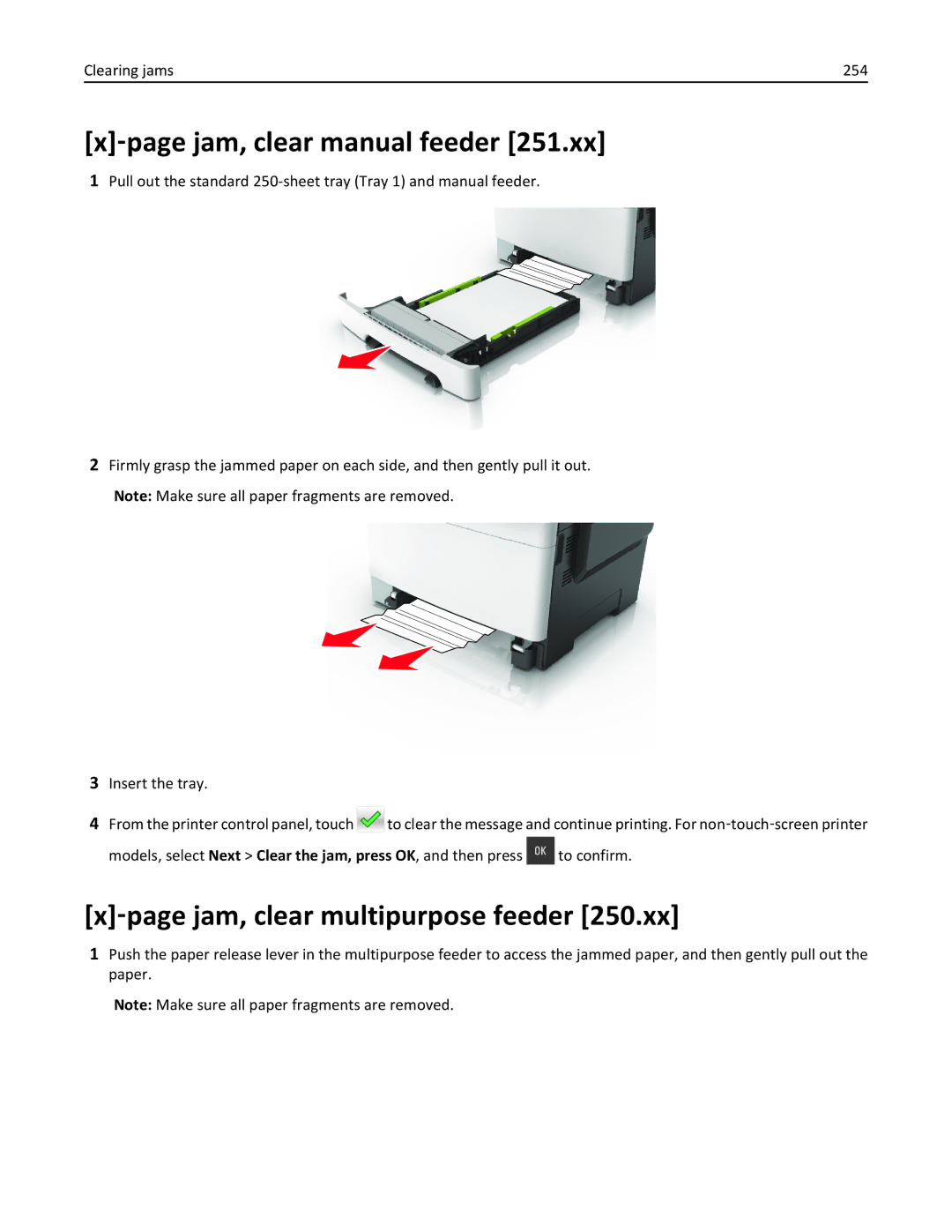 Lexmark CX410 ‑page jam, clear manual feeder, ‑page jam, clear multipurpose feeder, Clearing jams 254 