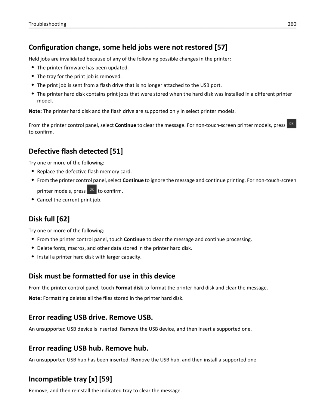 Lexmark CX410 manual Configuration change, some held jobs were not restored, Defective flash detected, Disk full 