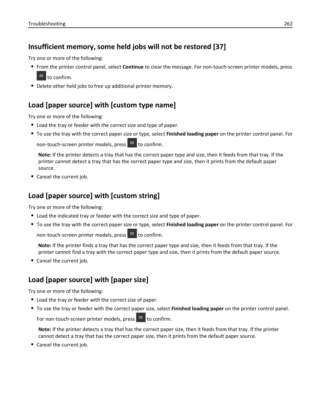 Lexmark CX410 manual Insufficient memory, some held jobs will not be restored, Load paper source with custom type name 