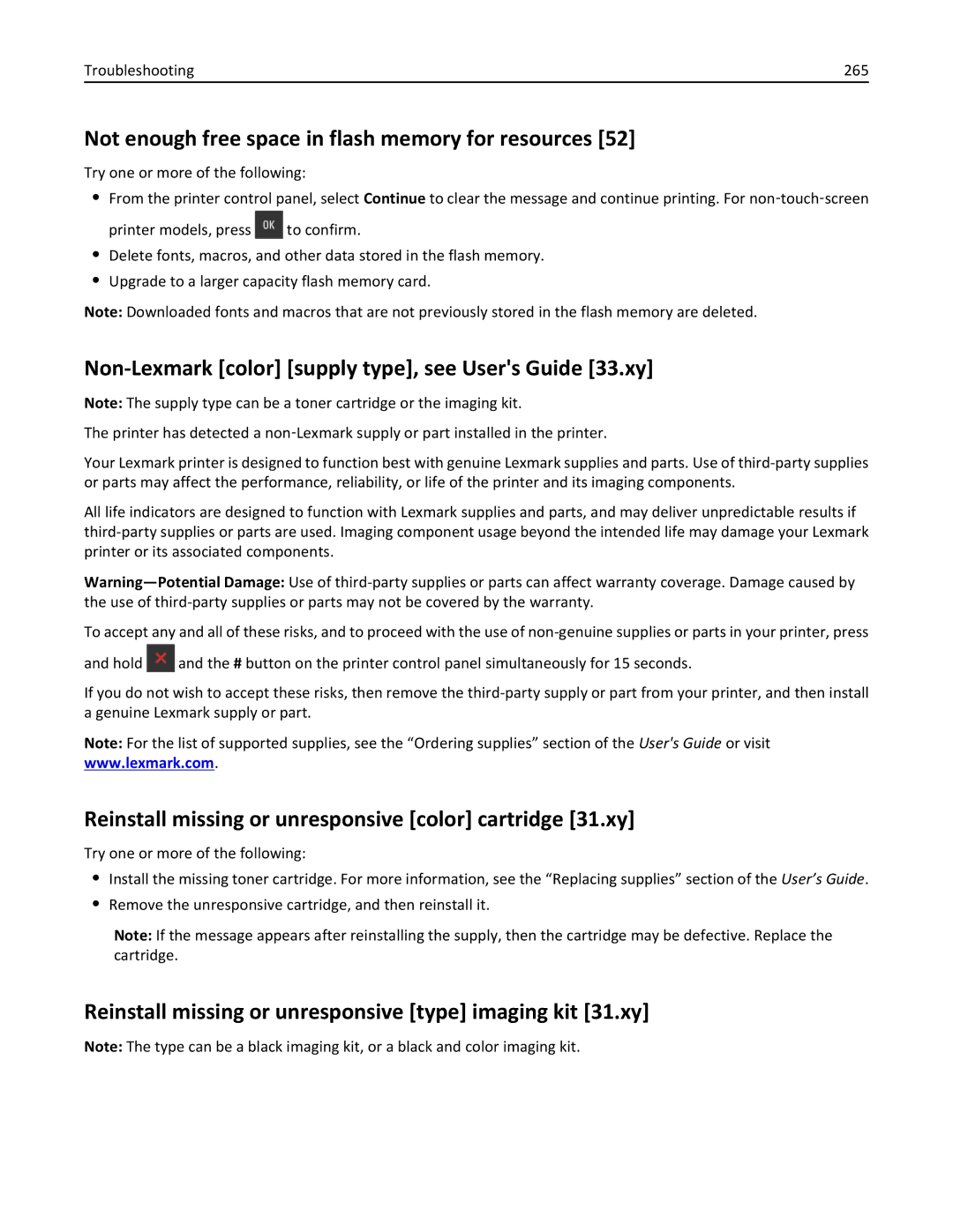 Lexmark CX410 Not enough free space in flash memory for resources, Non-Lexmark color supply type, see Users Guide 33.xy 