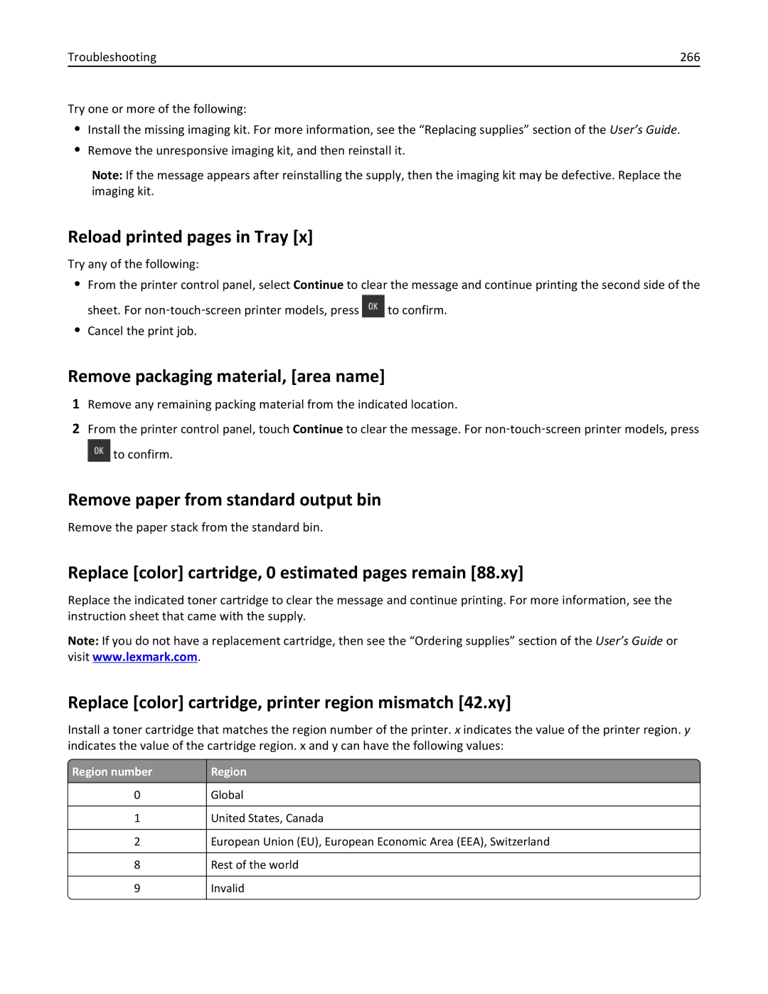 Lexmark CX410 Reload printed pages in Tray, Remove packaging material, area name, Remove paper from standard output bin 