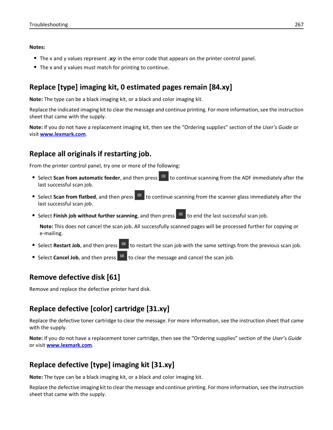 Lexmark CX410 manual Replace type imaging kit, 0 estimated pages remain 84.xy, Replace all originals if restarting job 