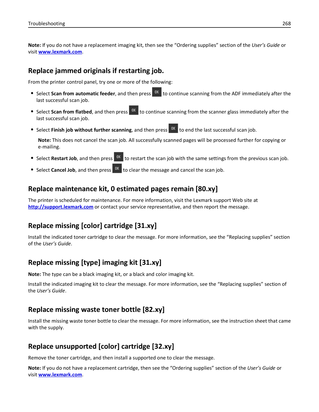 Lexmark CX410 Replace jammed originals if restarting job, Replace missing type imaging kit 31.xy, Troubleshooting 268 