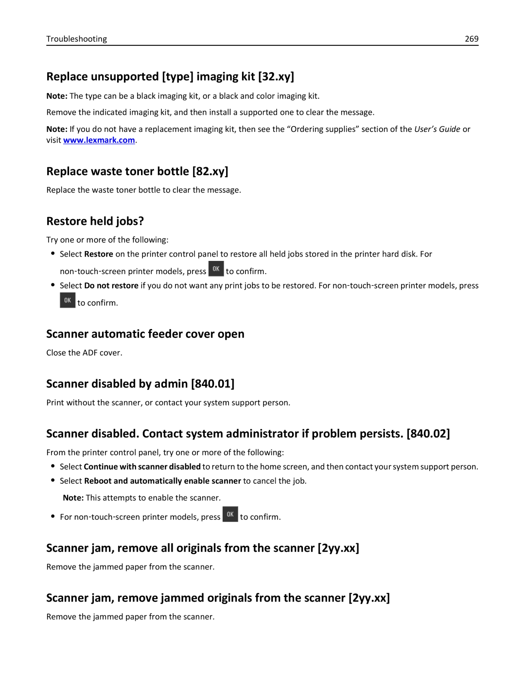 Lexmark CX410 manual Replace unsupported type imaging kit 32.xy, Replace waste toner bottle 82.xy, Restore held jobs? 