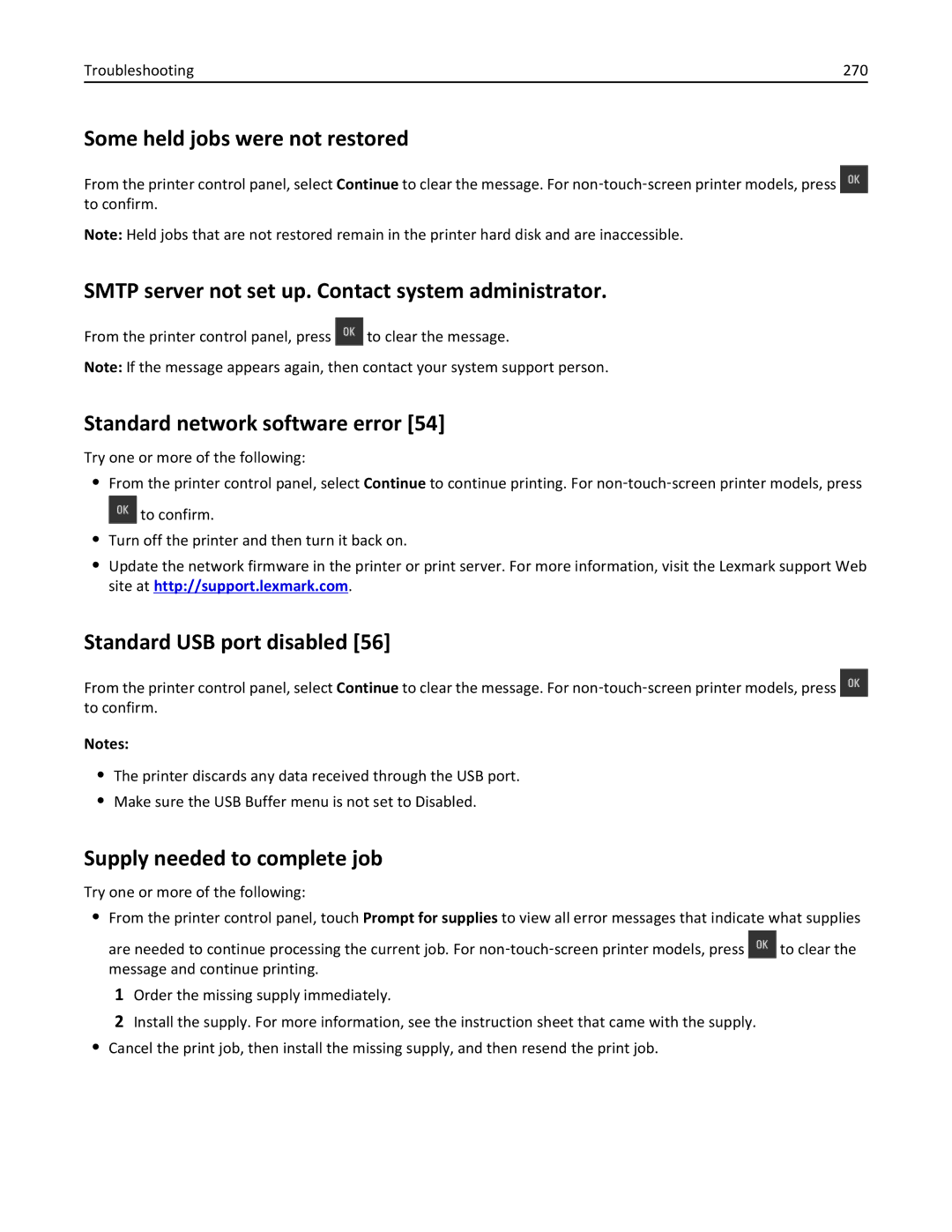 Lexmark CX410 manual Some held jobs were not restored, Smtp server not set up. Contact system administrator 