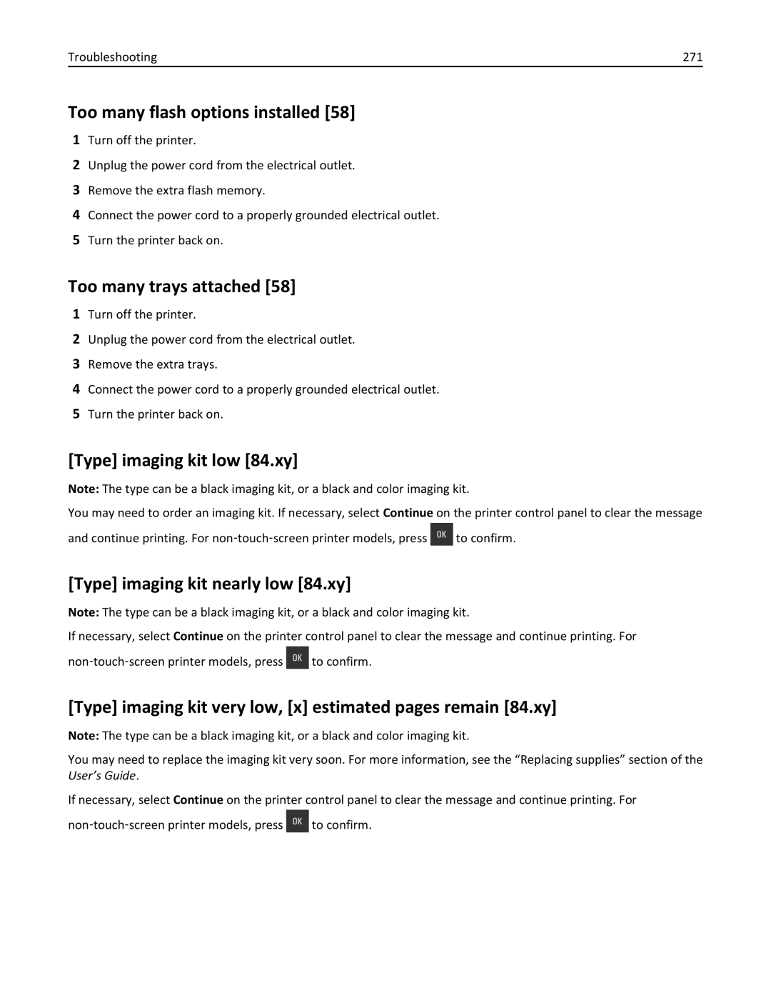 Lexmark CX410 manual Too many flash options installed, Too many trays attached, Type imaging kit low 84.xy 
