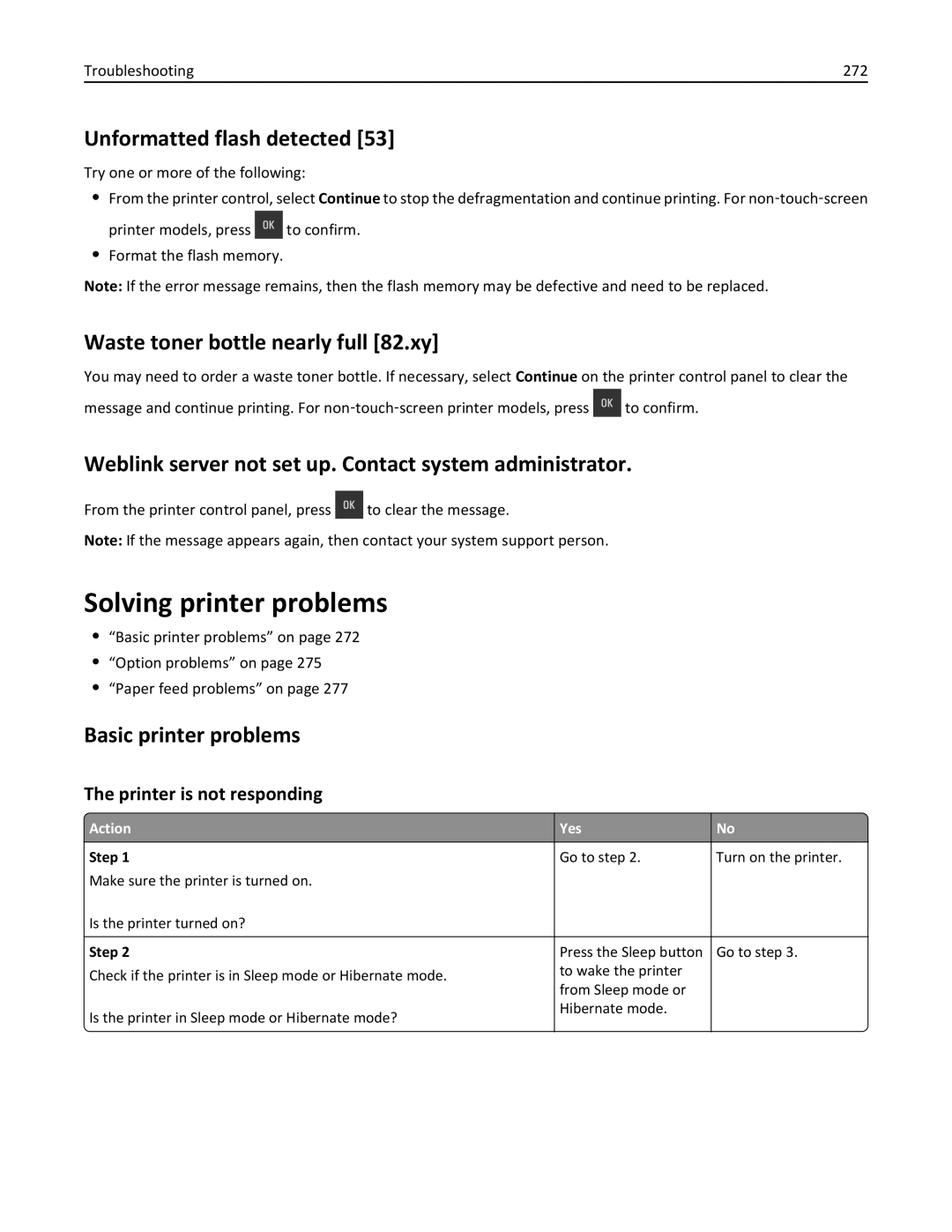 Lexmark CX410 manual Solving printer problems, Unformatted flash detected, Waste toner bottle nearly full 82.xy 