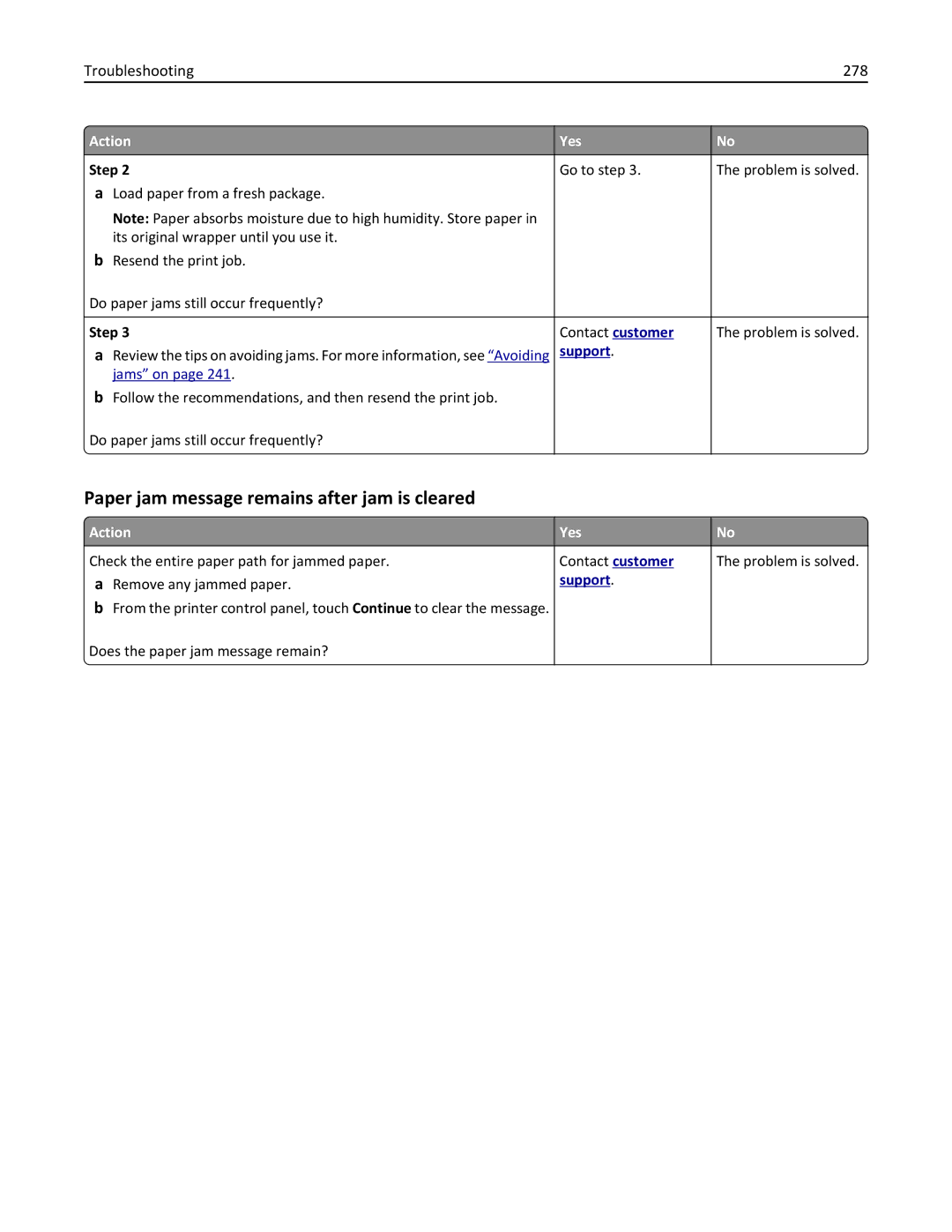 Lexmark CX410 manual Paper jam message remains after jam is cleared, Troubleshooting 278 