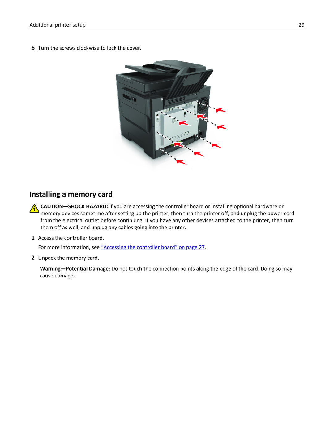 Lexmark CX410 manual Installing a memory card, Access the controller board, Unpack the memory card 