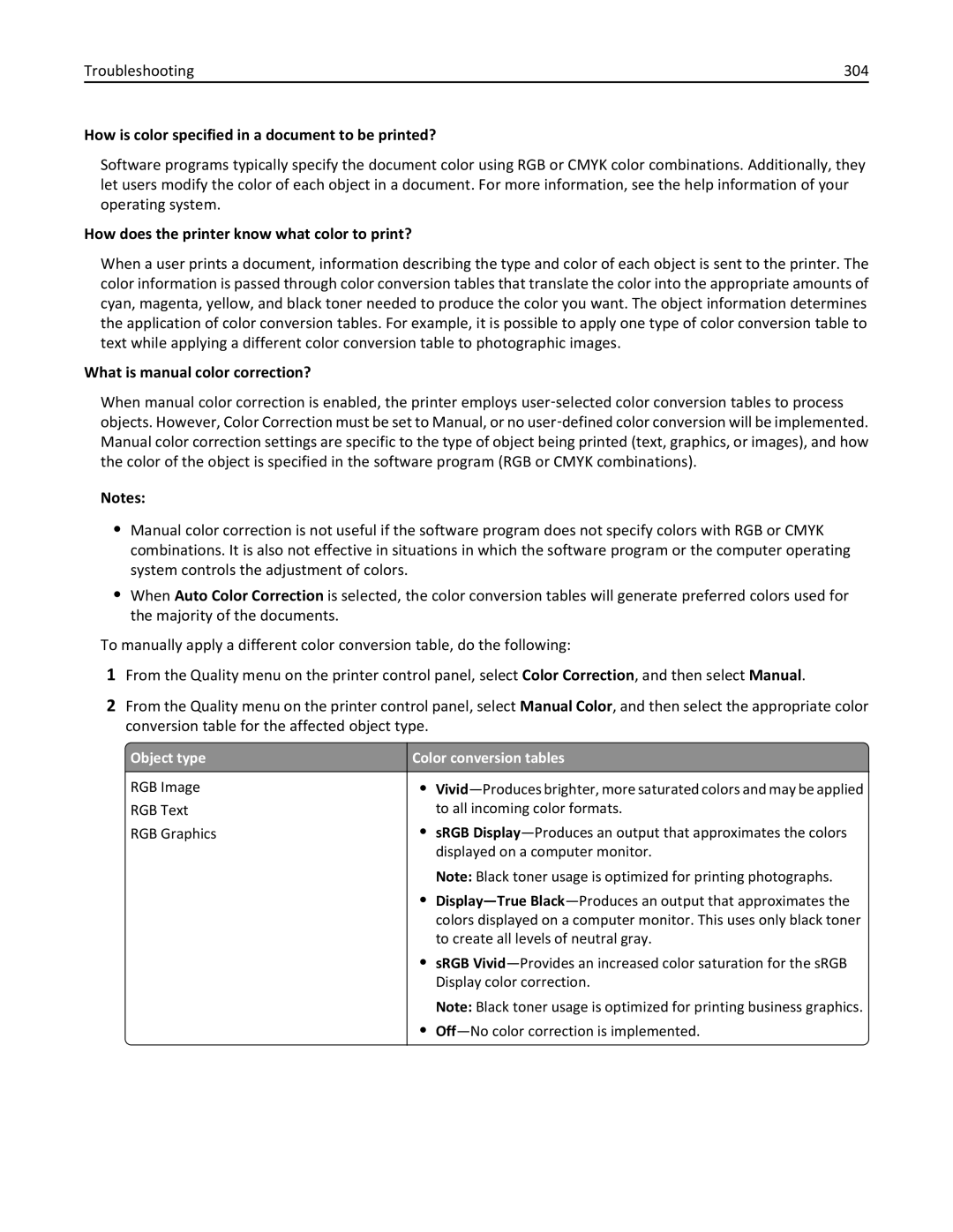 Lexmark CX410 Troubleshooting 304, How is color specified in a document to be printed?, What is manual color correction? 