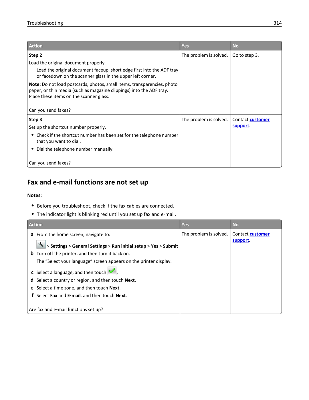 Lexmark CX410 manual Fax and e-mail functions are not set up, Settings General Settings Run initial setup Yes Submit 