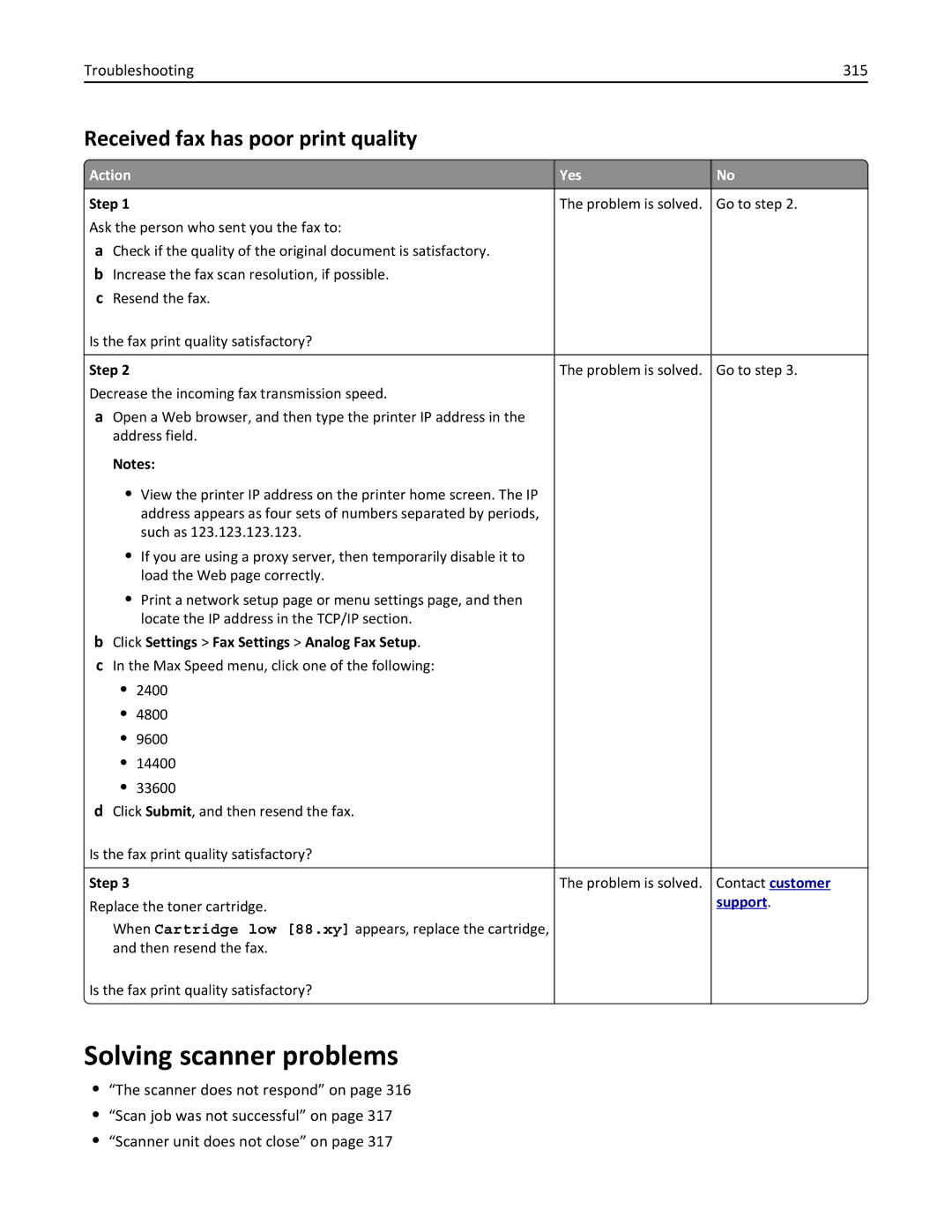 Lexmark CX410 manual Solving scanner problems, Received fax has poor print quality, Troubleshooting 315 