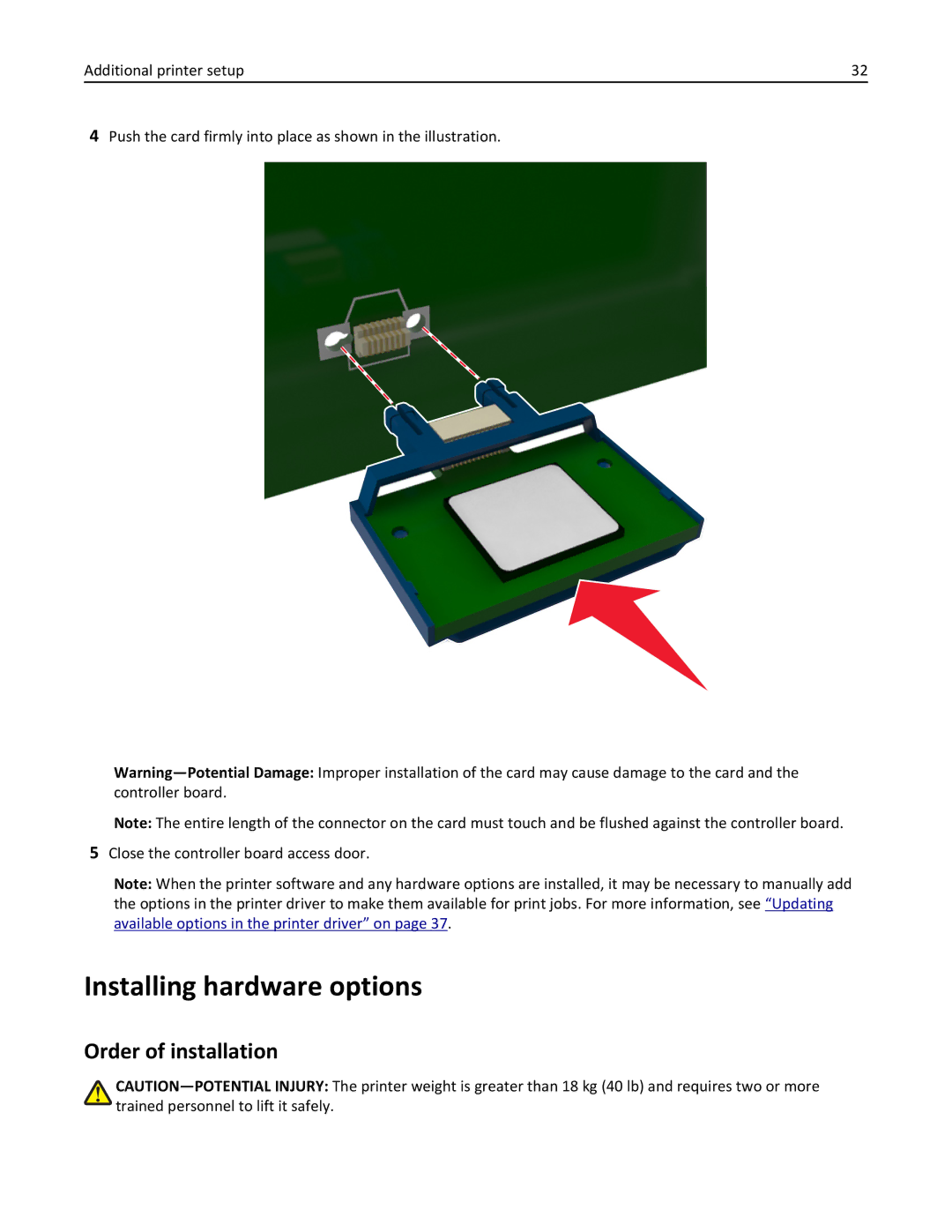 Lexmark CX410 manual Installing hardware options, Order of installation 