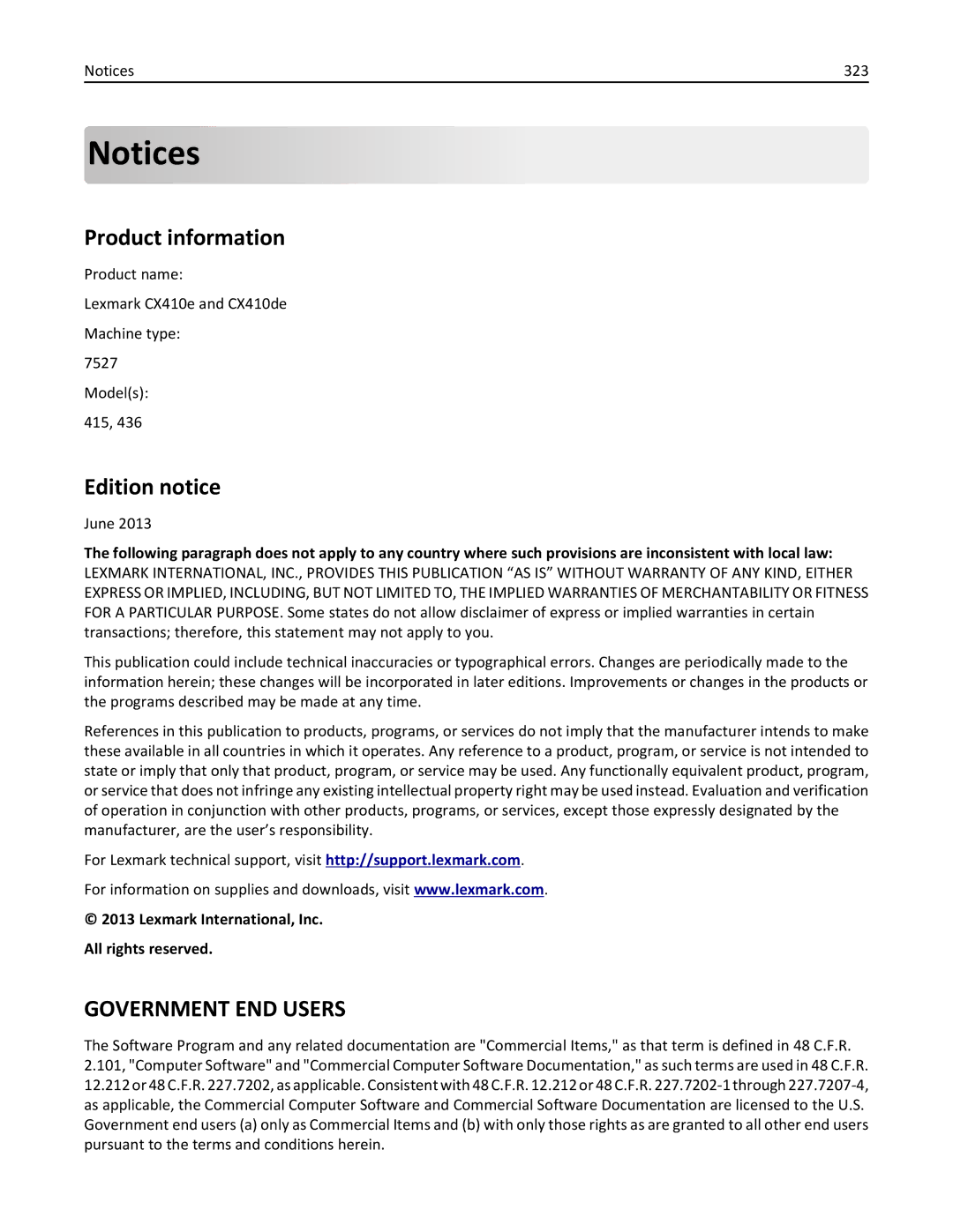 Lexmark CX410 manual Product information, Edition notice, 323, June, Lexmark International, Inc All rights reserved 