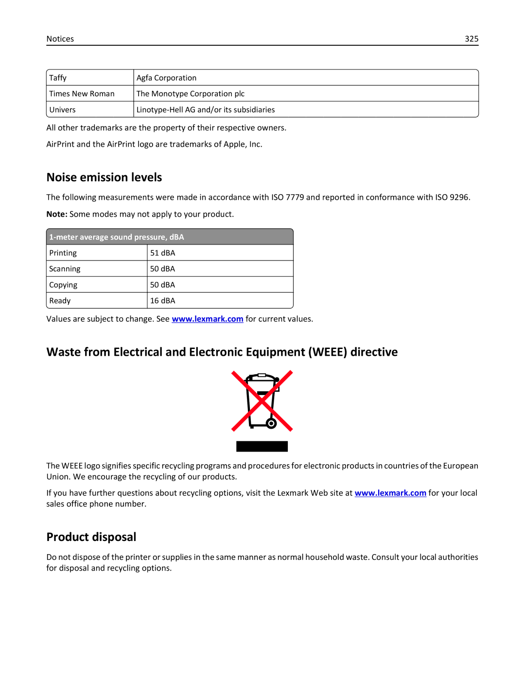 Lexmark CX410 manual Noise emission levels, Product disposal, 325, Meter average sound pressure, dBA 