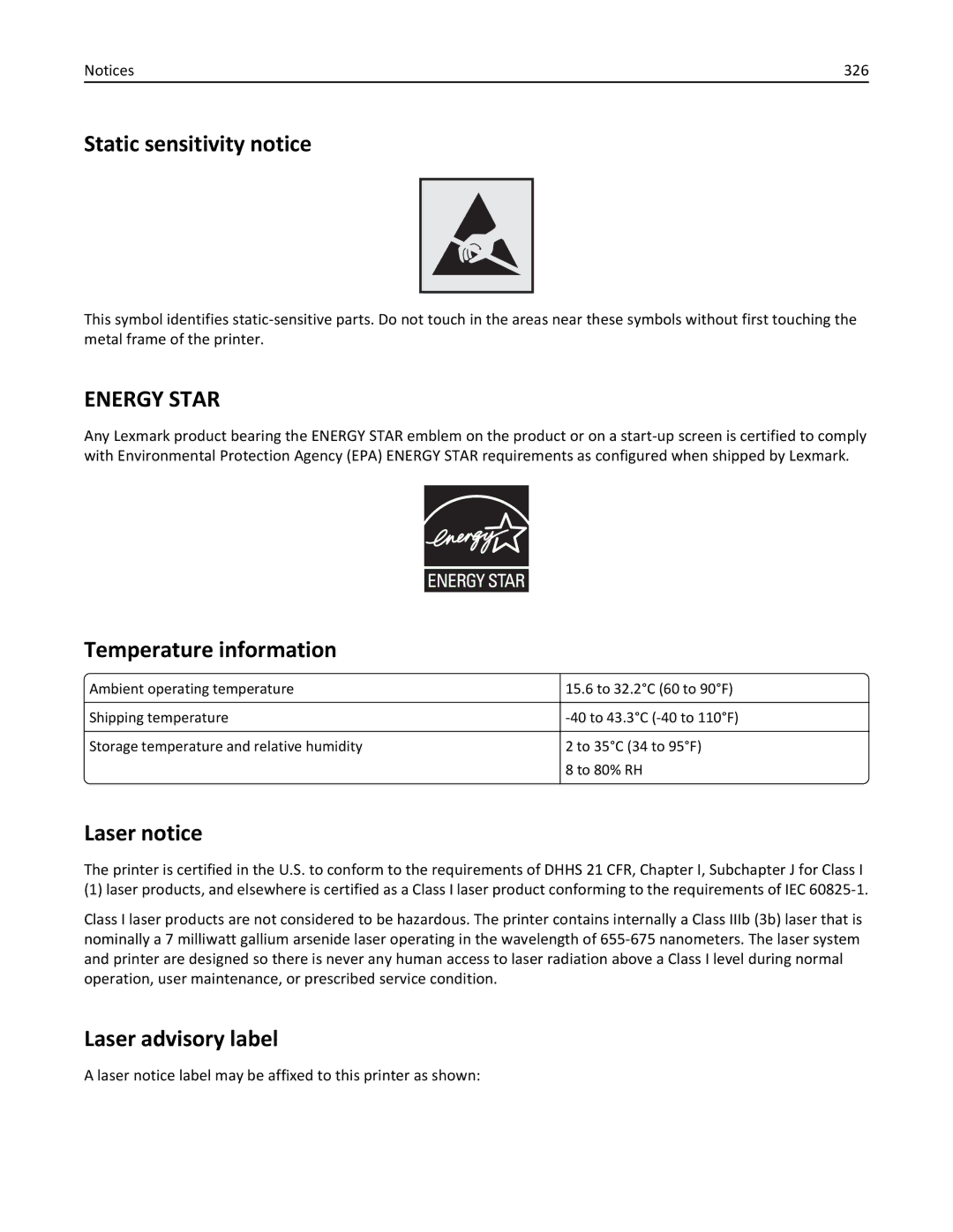 Lexmark CX410 manual Static sensitivity notice, Temperature information, Laser notice, Laser advisory label 