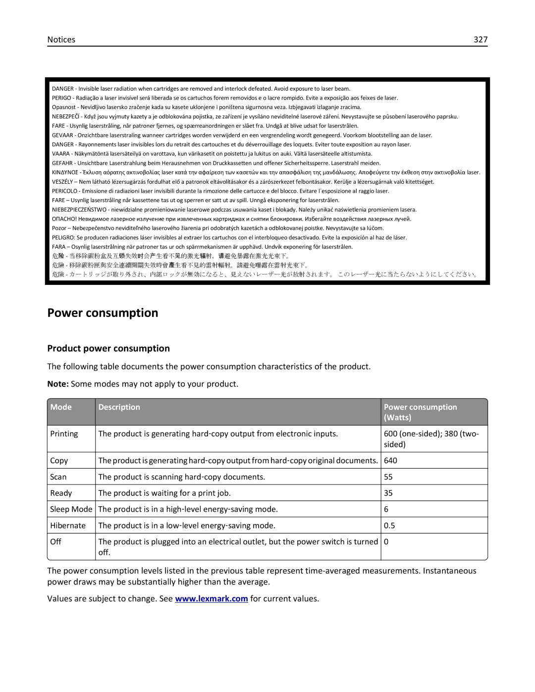 Lexmark CX410 manual Product power consumption, 327, Mode Description Power consumption Watts 