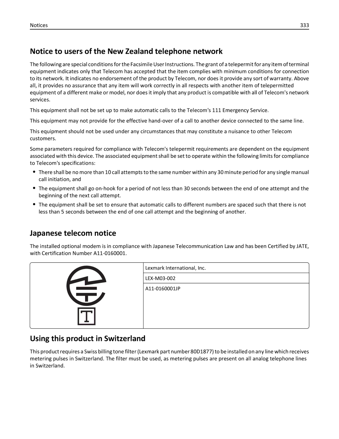 Lexmark CX410 manual Japanese telecom notice, Using this product in Switzerland, 333 