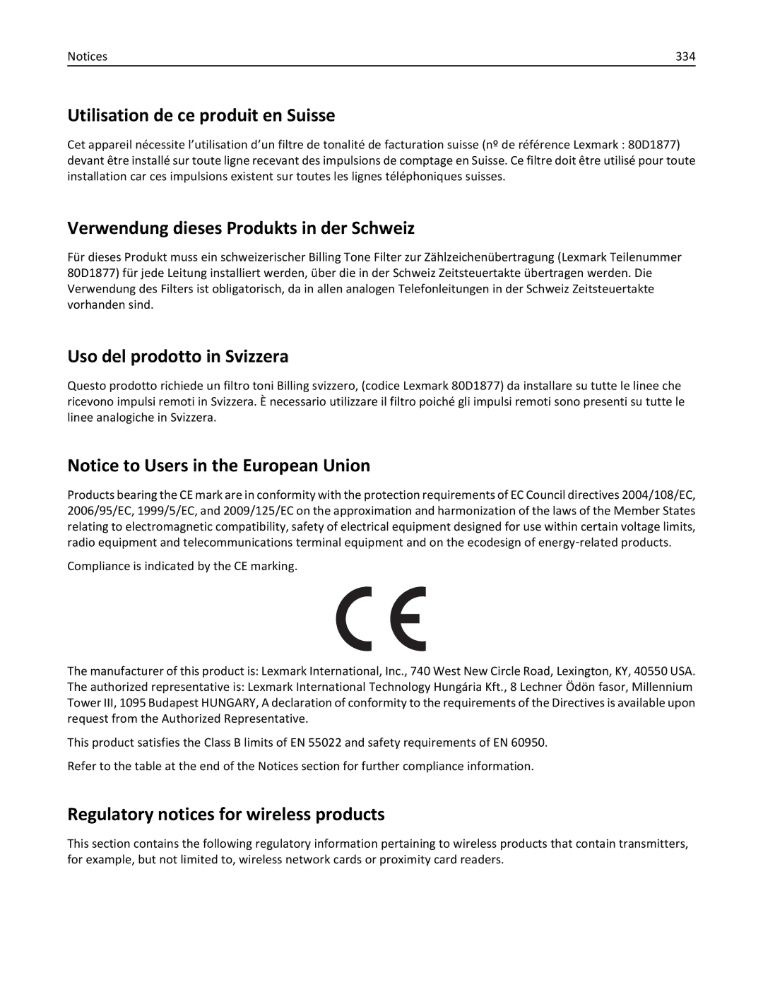 Lexmark CX410 Utilisation de ce produit en Suisse, Verwendung dieses Produkts in der Schweiz, Uso del prodotto in Svizzera 