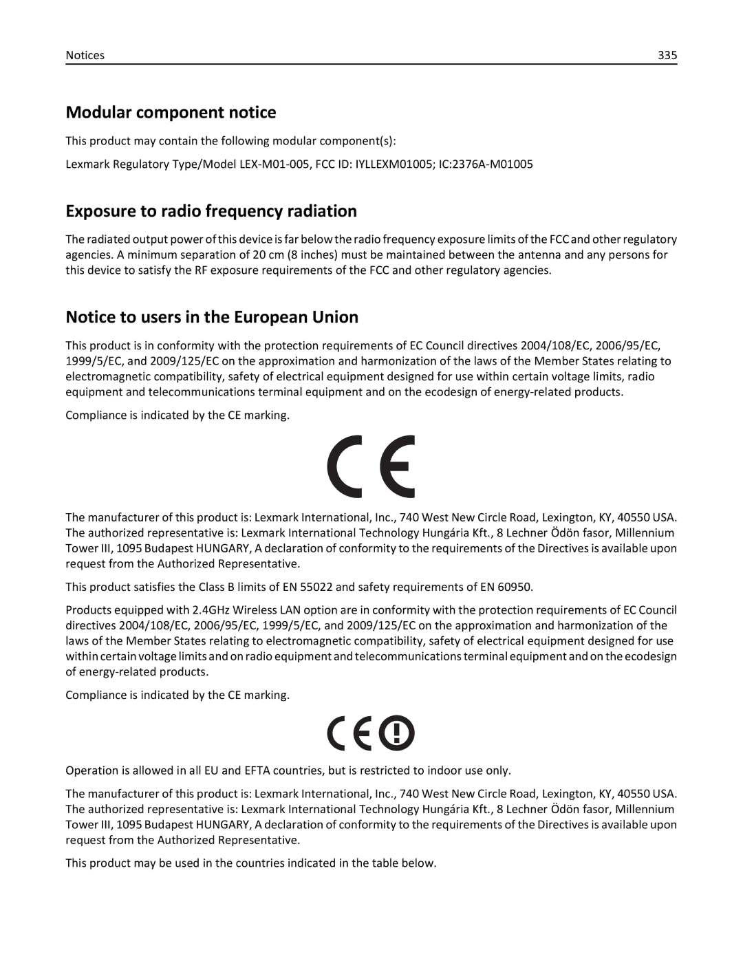 Lexmark CX410 manual Modular component notice, Exposure to radio frequency radiation, 335 