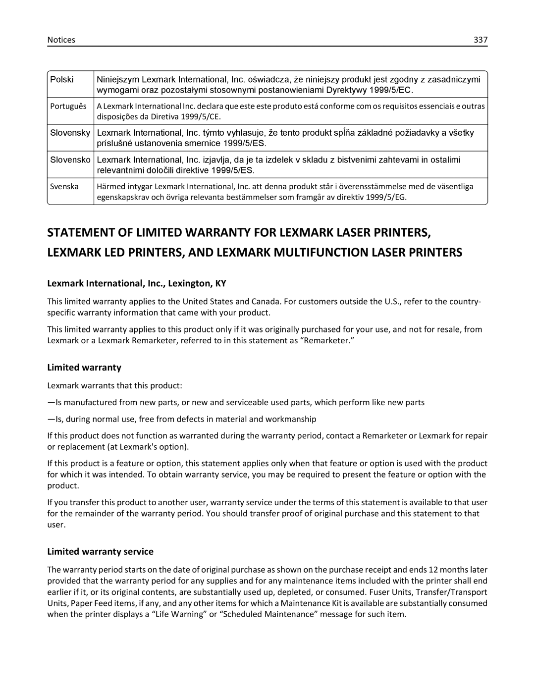 Lexmark CX410 manual Lexmark International, Inc., Lexington, KY, Limited warranty service, 337 