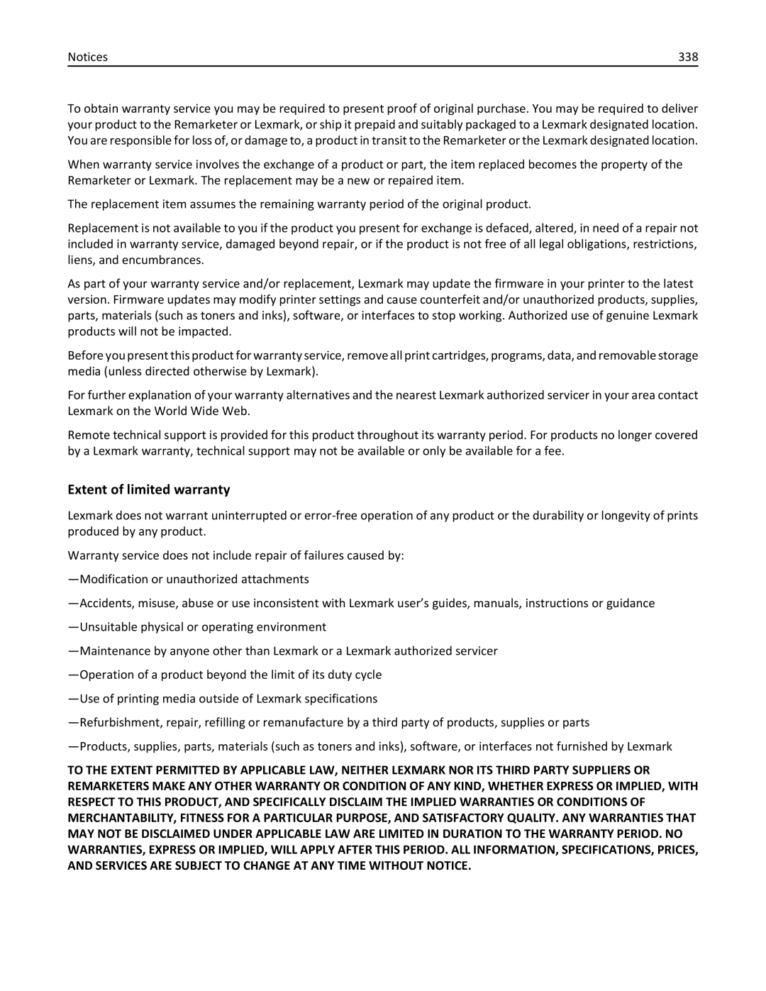 Lexmark CX410 manual Extent of limited warranty, 338 
