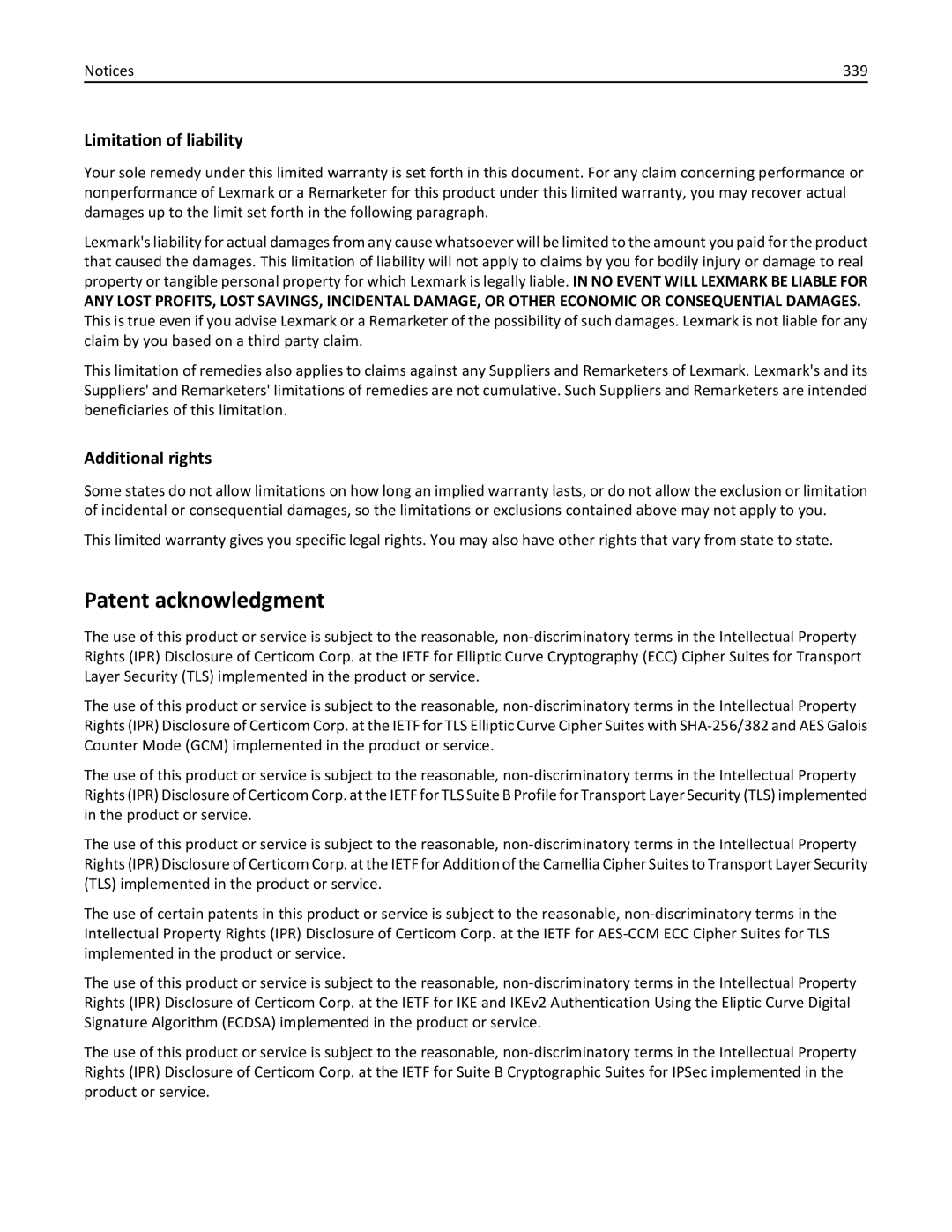 Lexmark CX410 manual Patent acknowledgment, Limitation of liability, Additional rights, 339 