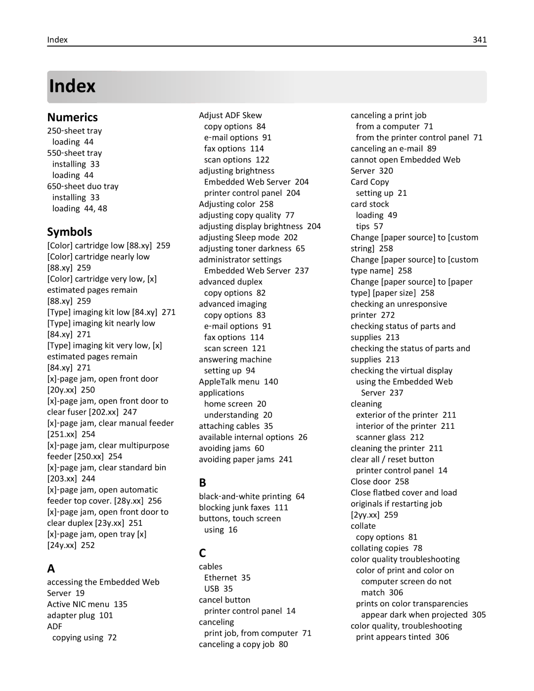 Lexmark CX410 manual Numerics, Symbols, Index 341 