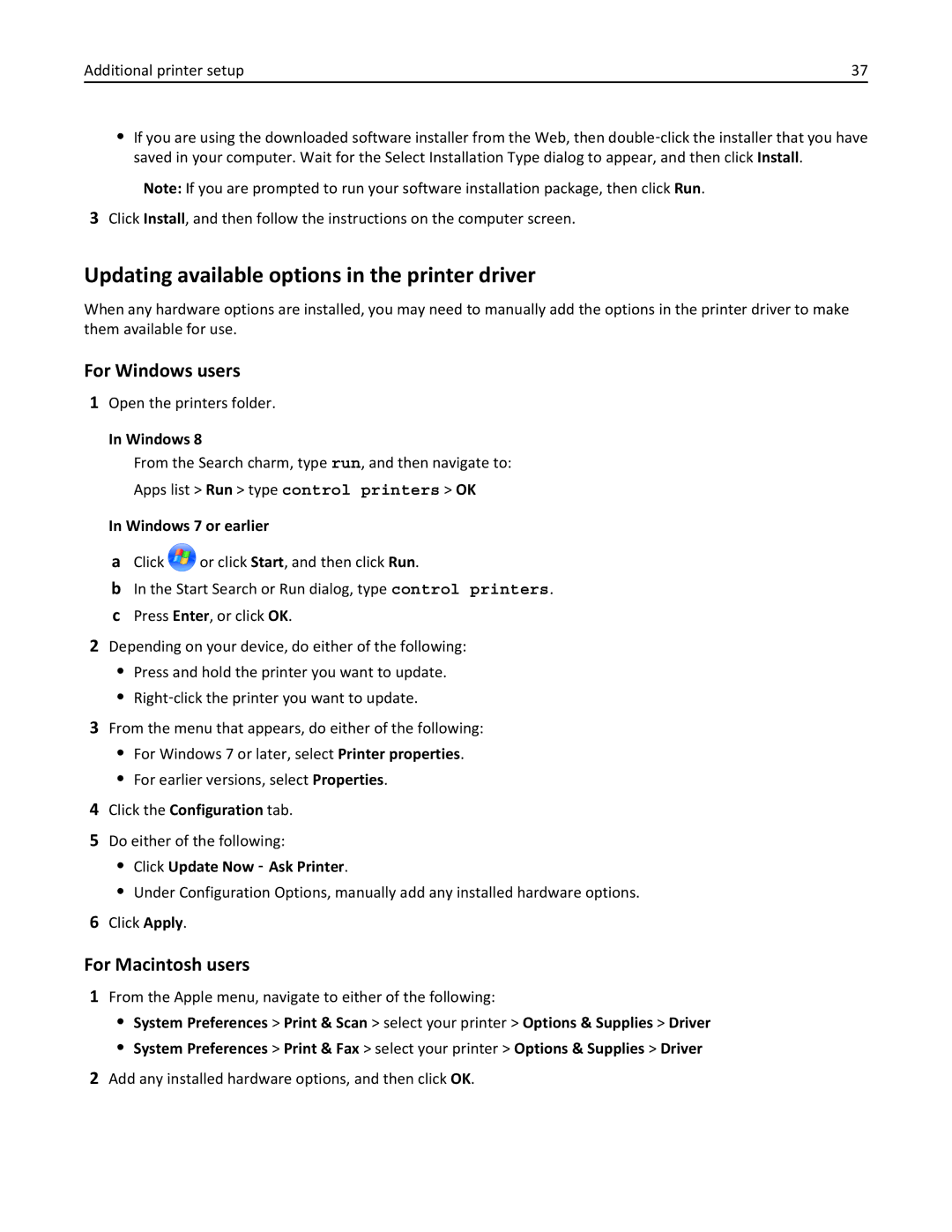 Lexmark CX410 Updating available options in the printer driver, Windows 7 or earlier, Click Update Now ‑ Ask Printer 