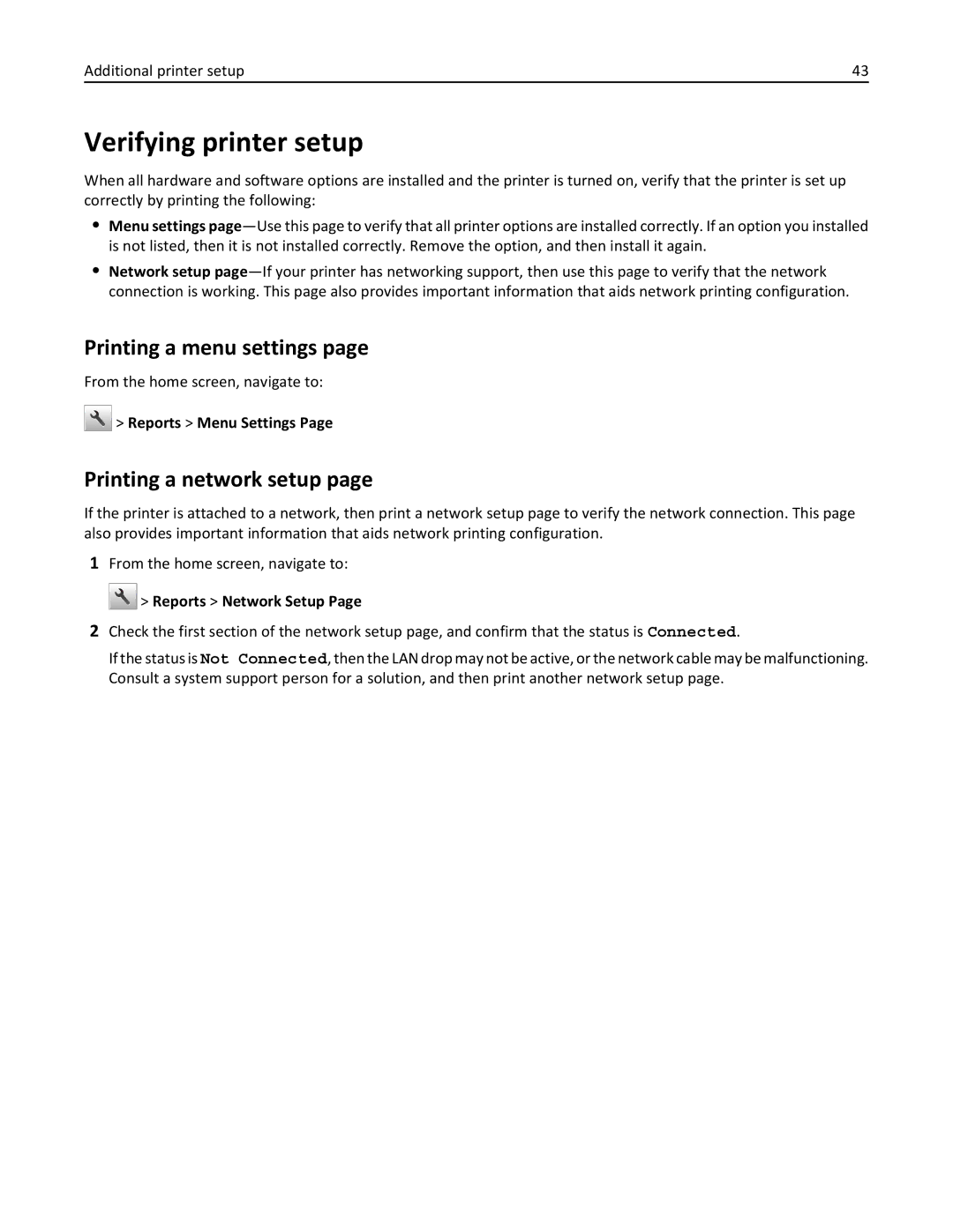 Lexmark CX410 manual Verifying printer setup, Printing a menu settings, Printing a network setup, Reports Menu Settings 