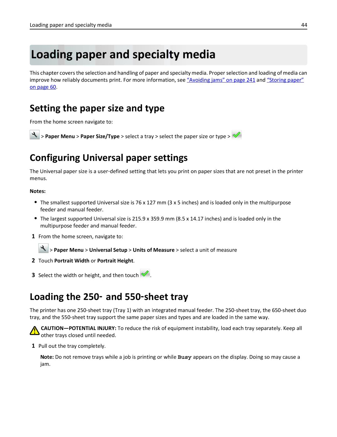 Lexmark CX410 Loading paper and specialty media, Setting the paper size and type, Configuring Universal paper settings 