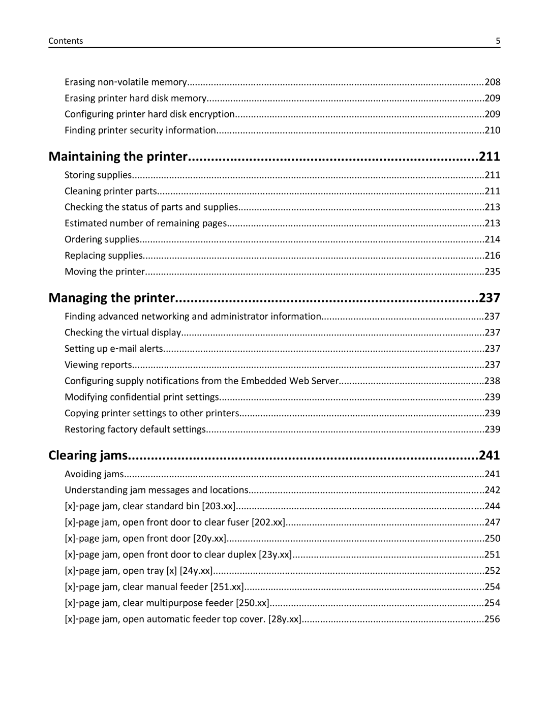 Lexmark CX410 manual Maintaining the printer 211, Managing the printer 237, Clearing jams 241 