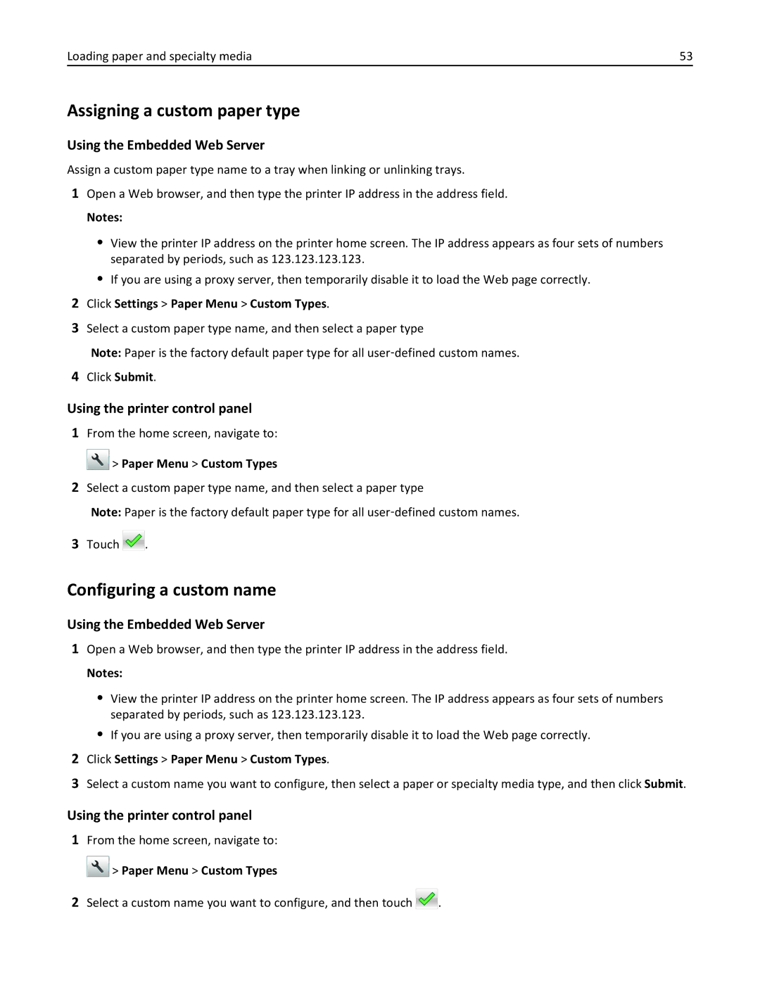 Lexmark CX410 manual Assigning a custom paper type, Configuring a custom name, Click Settings Paper Menu Custom Types 