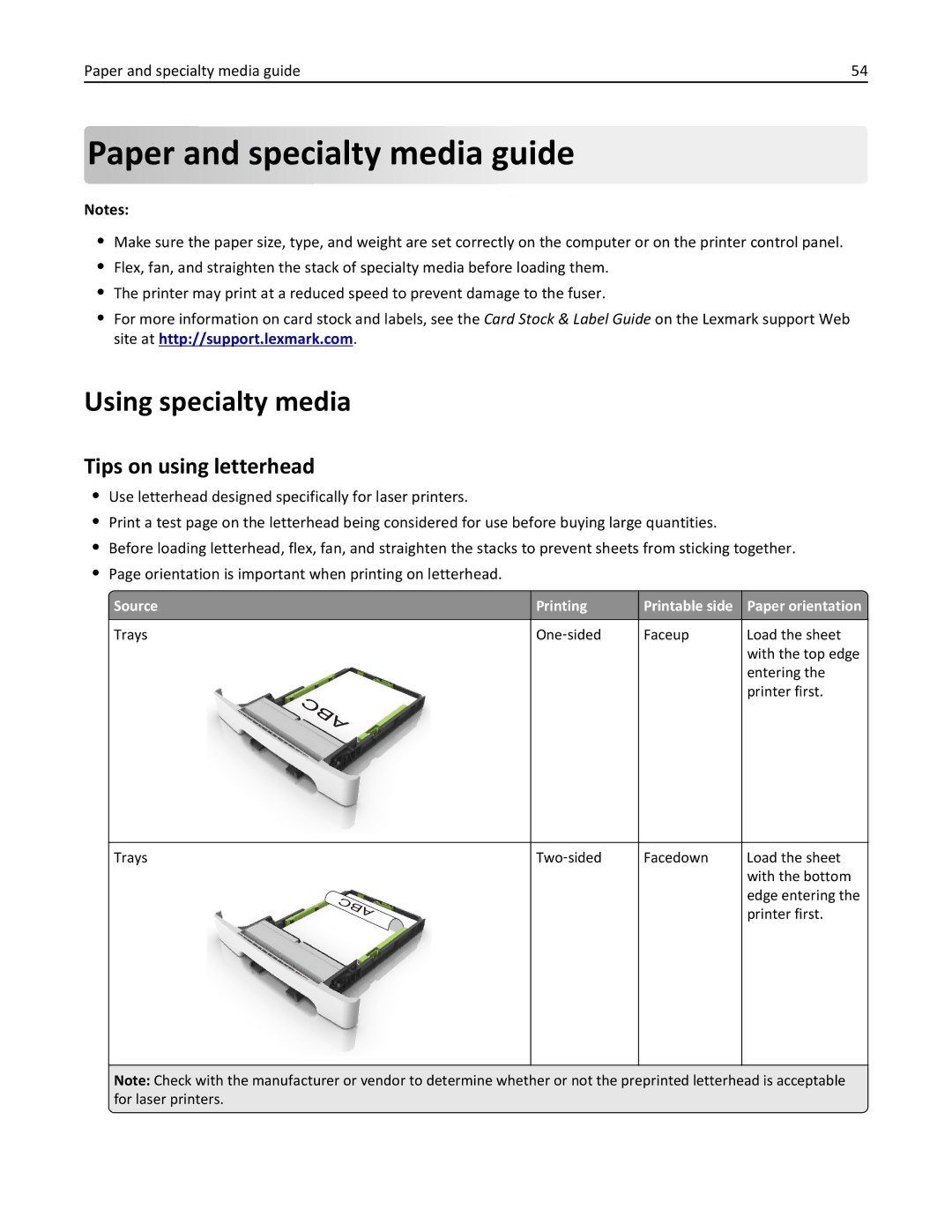 Lexmark CX410 manual Paper and specialty media guide, Using specialty media, Tips on using letterhead 