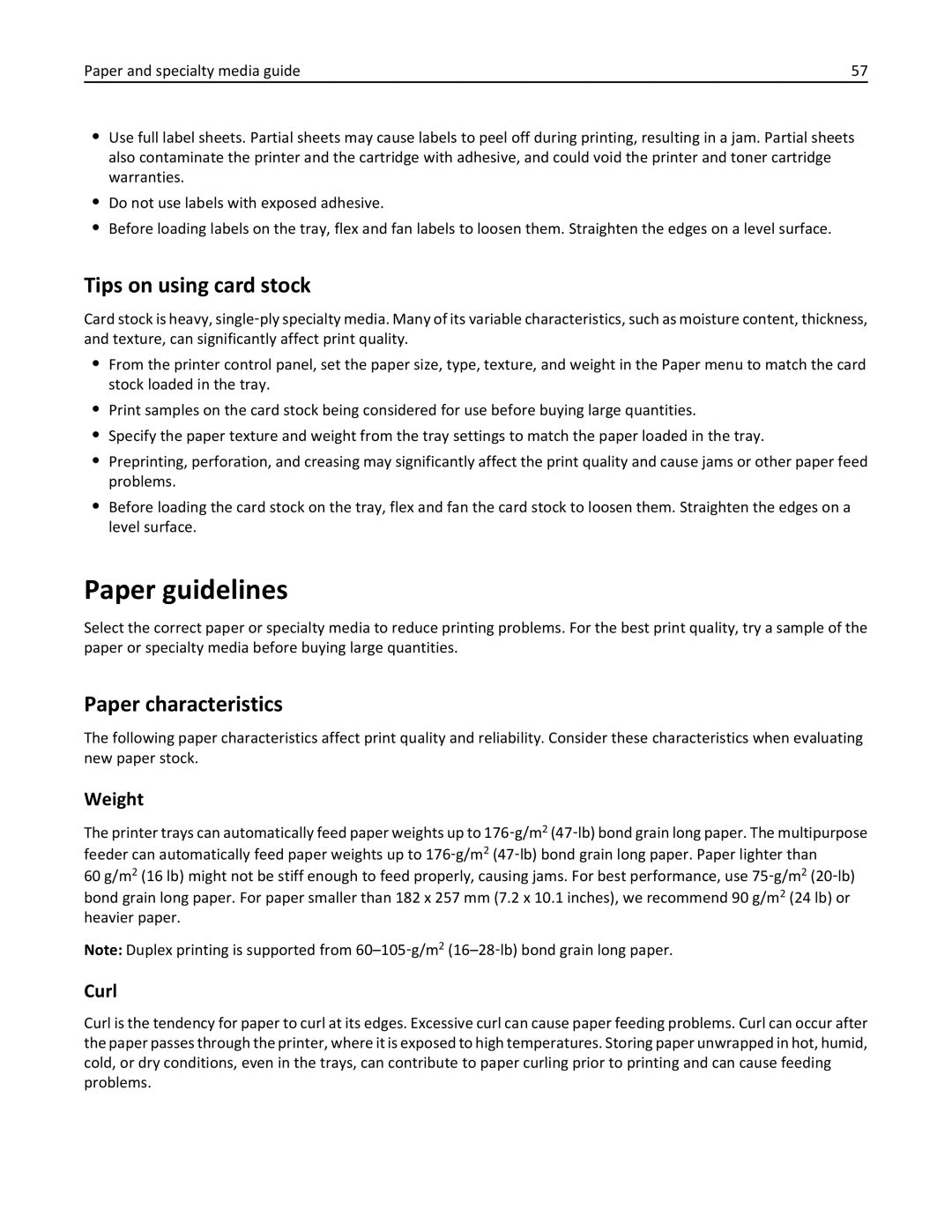 Lexmark CX410 manual Paper guidelines, Tips on using card stock, Paper characteristics, Weight, Curl 