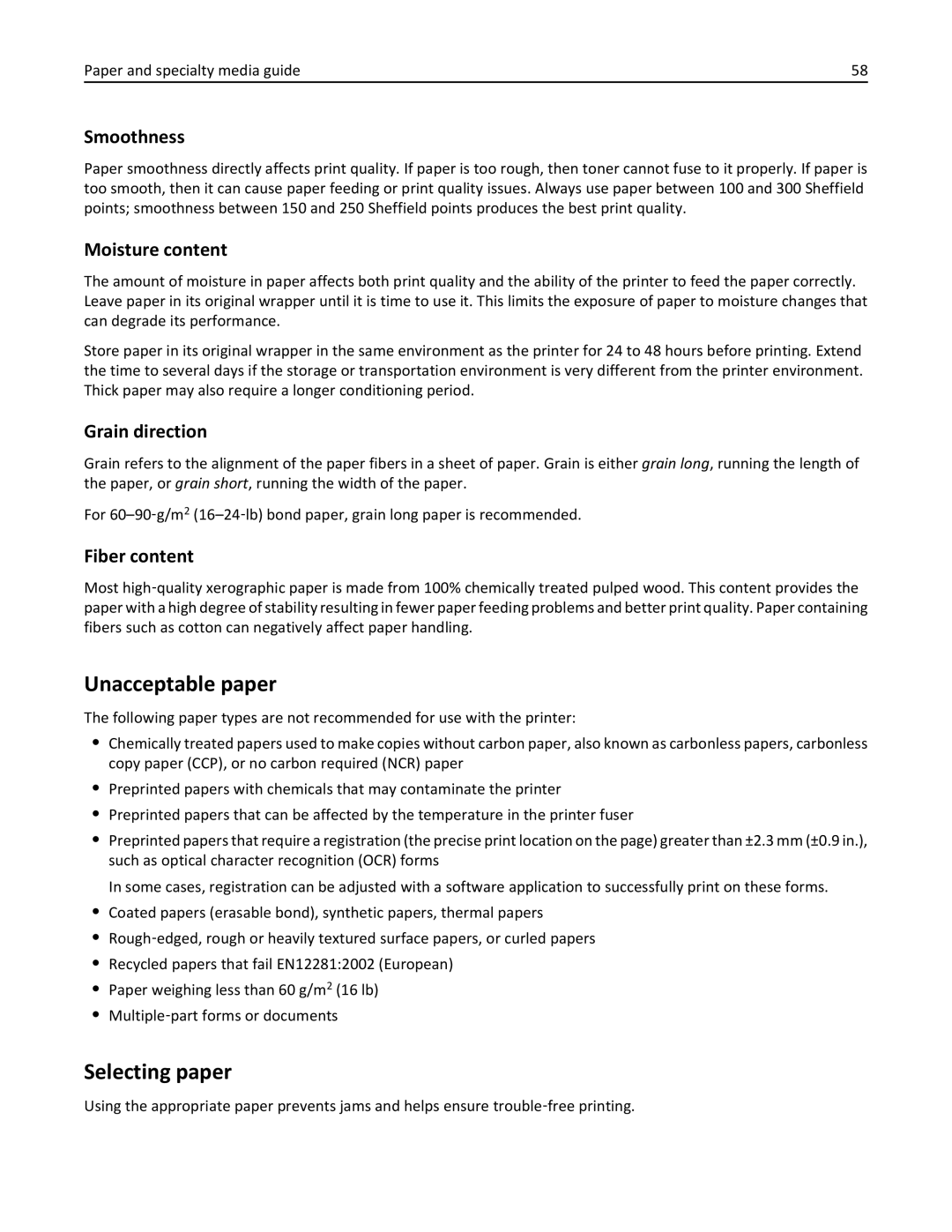 Lexmark CX410 manual Unacceptable paper, Selecting paper 