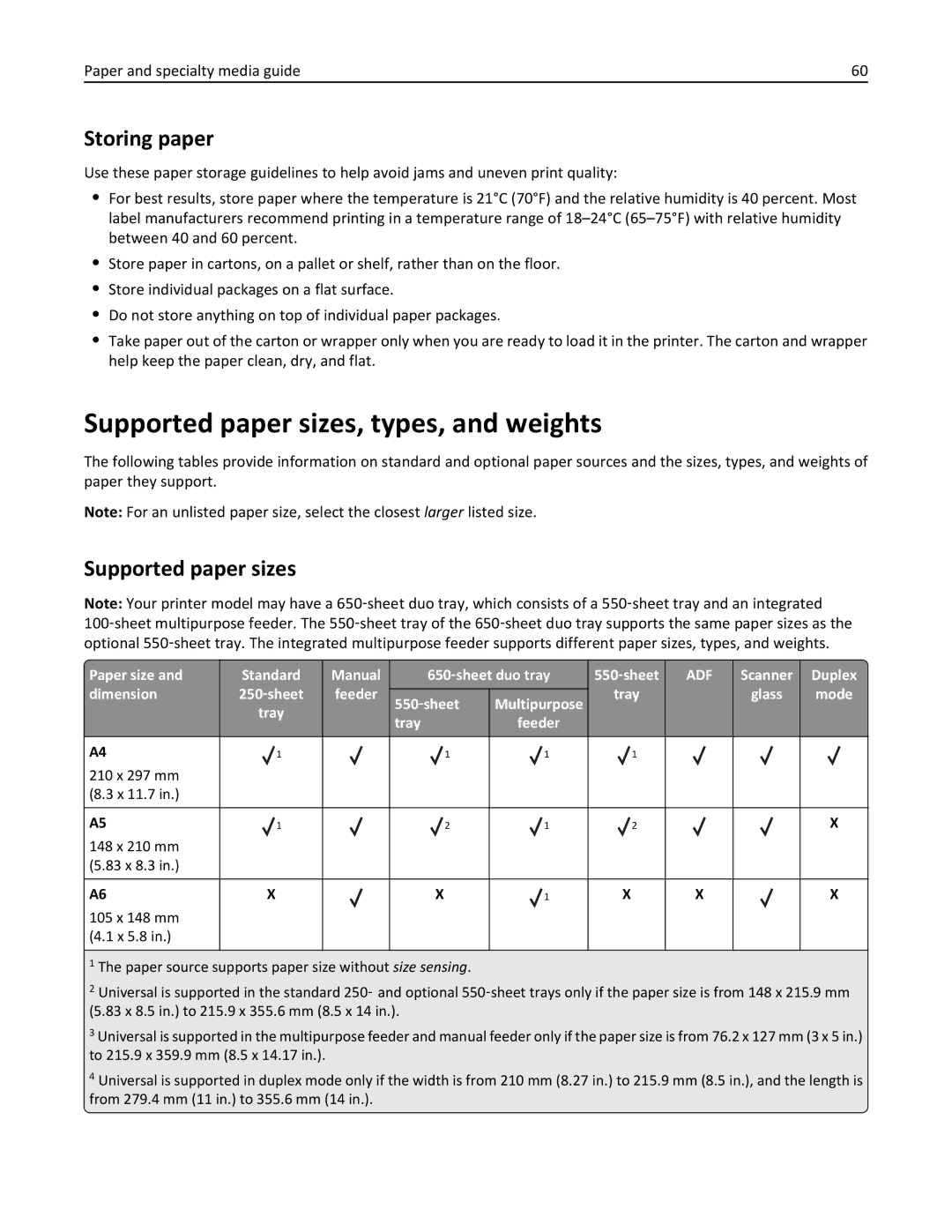 Lexmark CX410 Supported paper sizes, types, and weights, Storing paper, Paper size Standard Manual 650 ‑sheet duo tray 