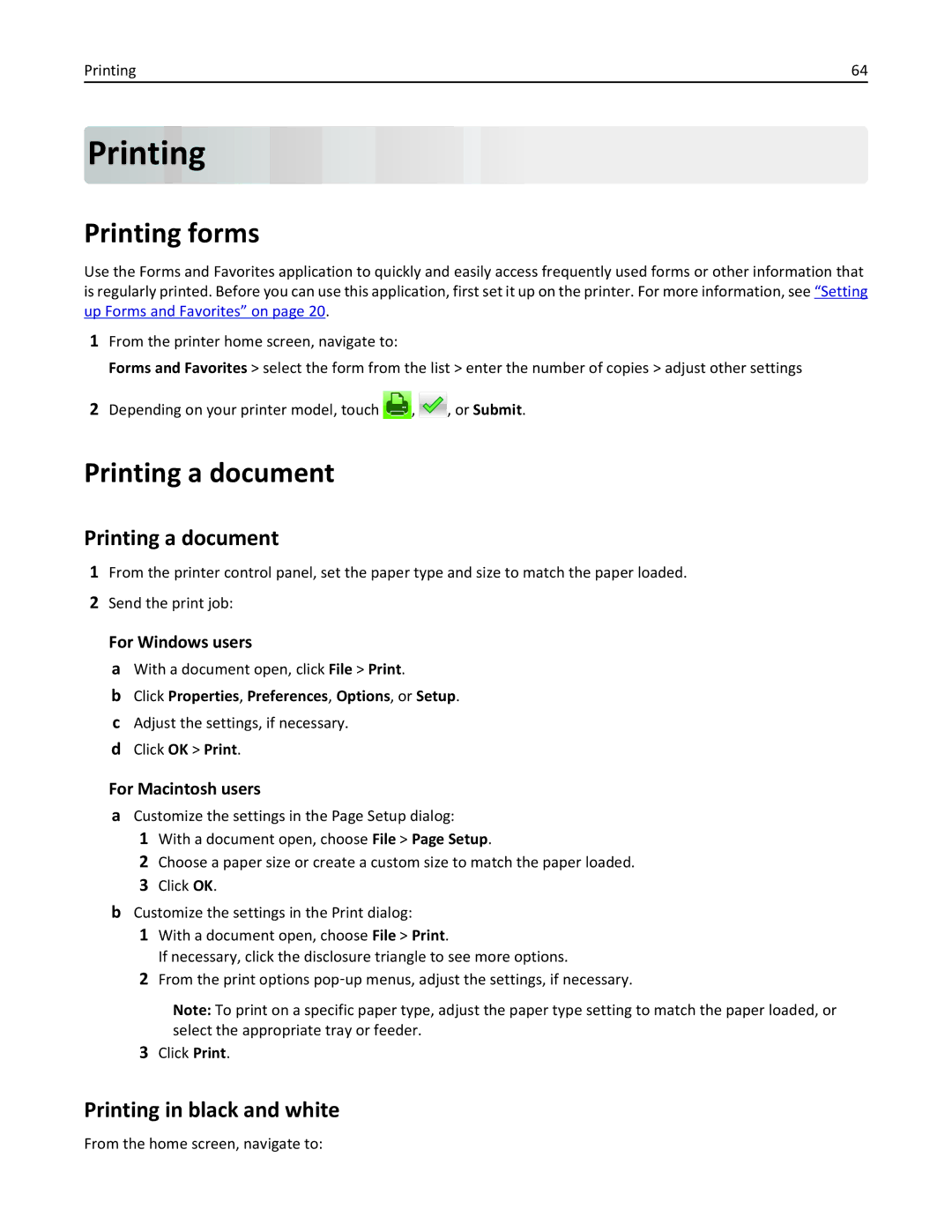 Lexmark CX410 manual Printing forms, Printing a document, Printing in black and white 