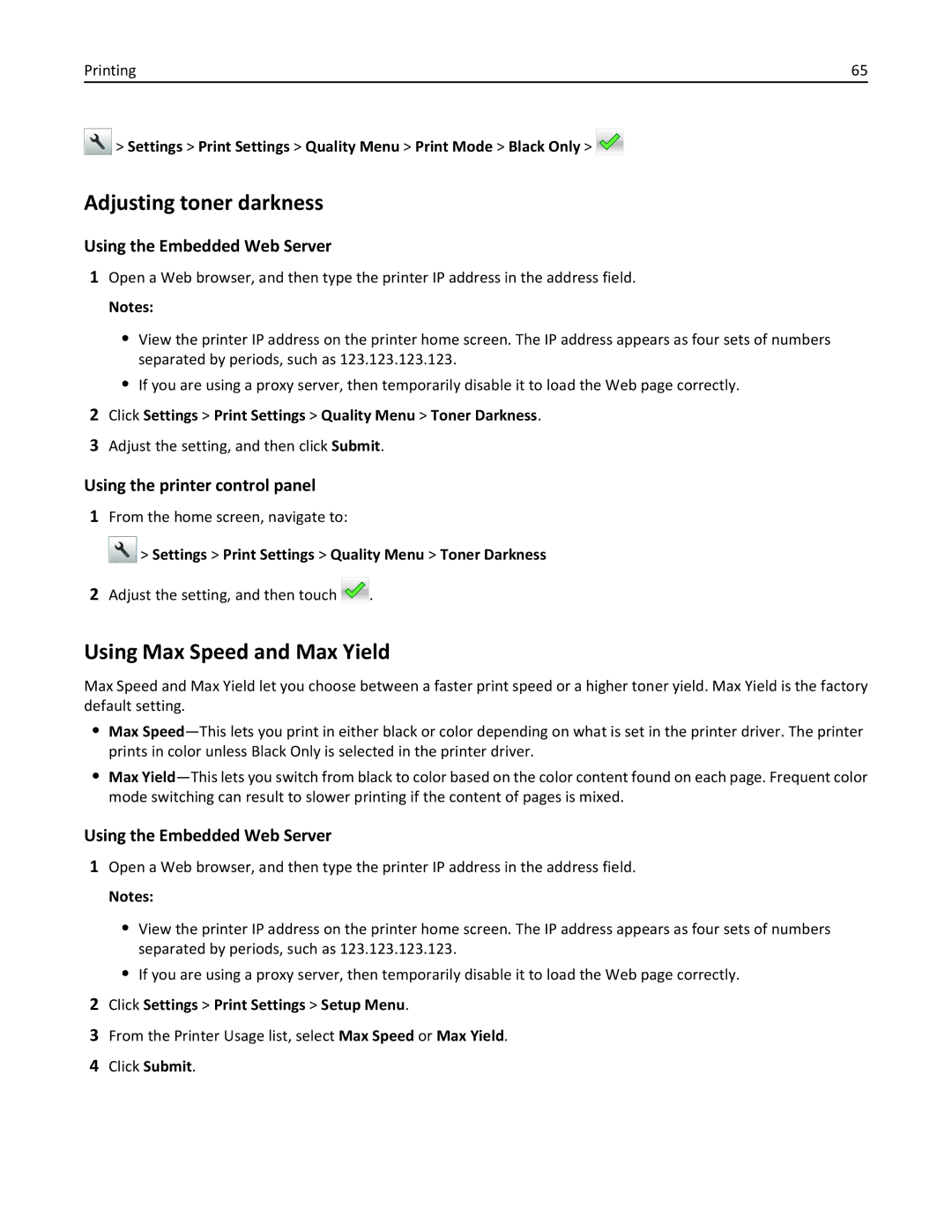 Lexmark CX410 manual Adjusting toner darkness, Using Max Speed and Max Yield 