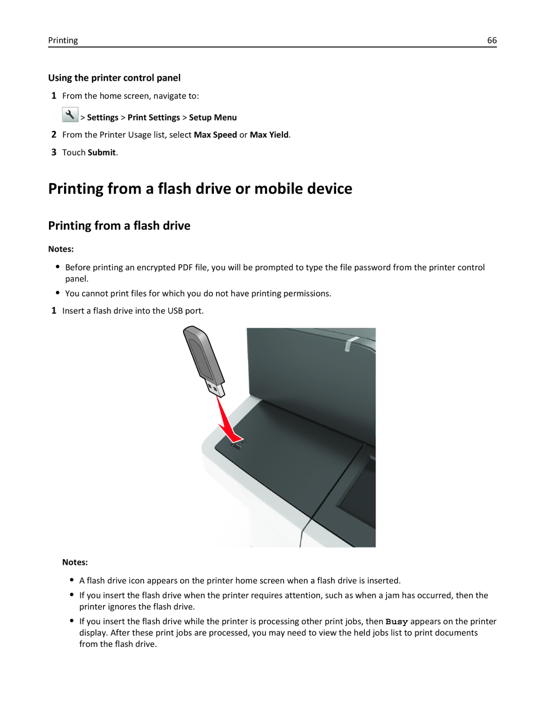 Lexmark CX410 manual Printing from a flash drive or mobile device, Settings Print Settings Setup Menu 