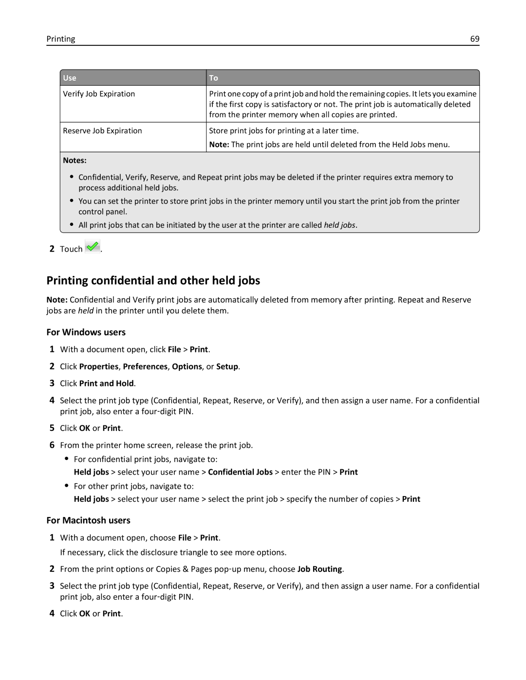 Lexmark CX410 manual Printing confidential and other held jobs, Touch 