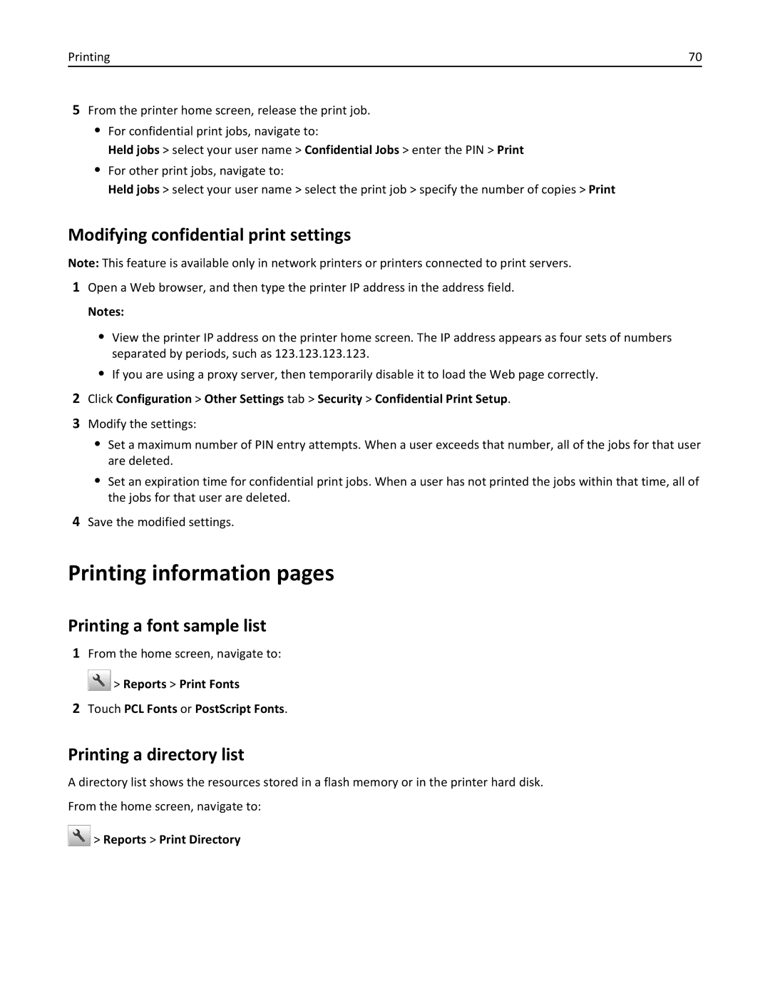 Lexmark CX410 manual Printing information pages, Modifying confidential print settings, Printing a font sample list 