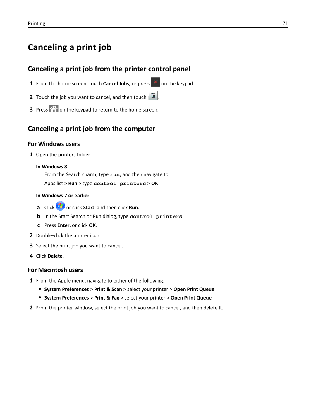 Lexmark CX410 manual Canceling a print job from the printer control panel, Canceling a print job from the computer 