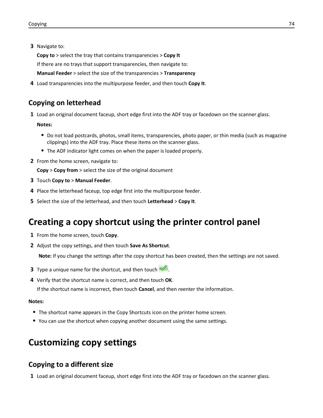 Lexmark CX410 Creating a copy shortcut using the printer control panel, Customizing copy settings, Copying on letterhead 