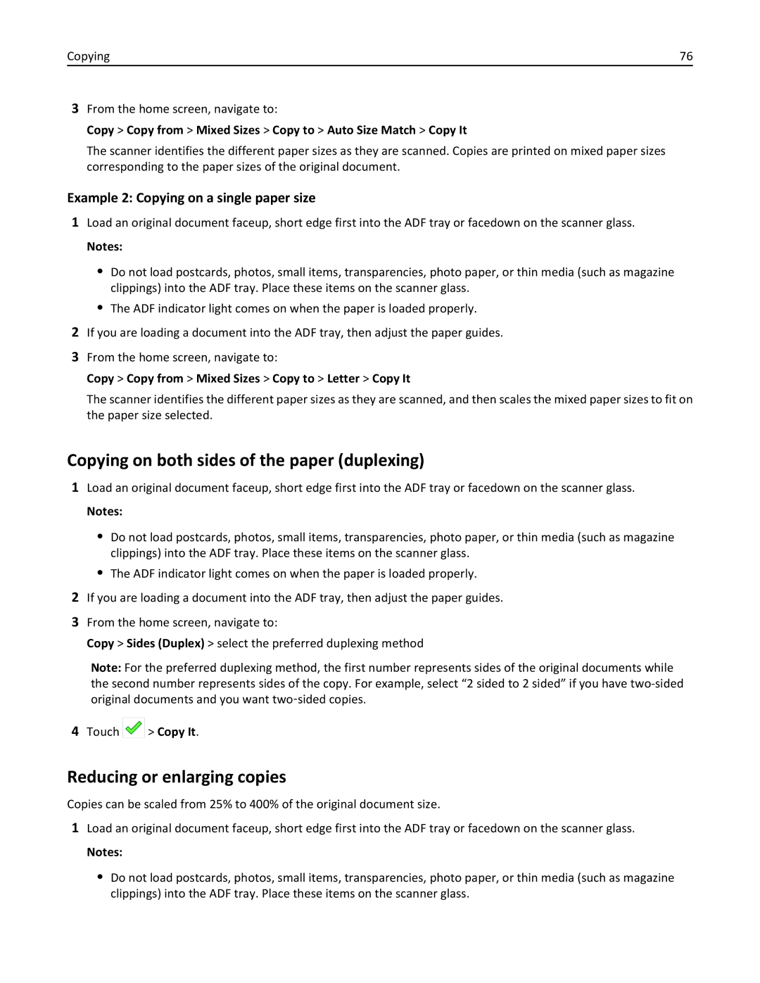 Lexmark CX410 manual Copying on both sides of the paper duplexing, Reducing or enlarging copies 