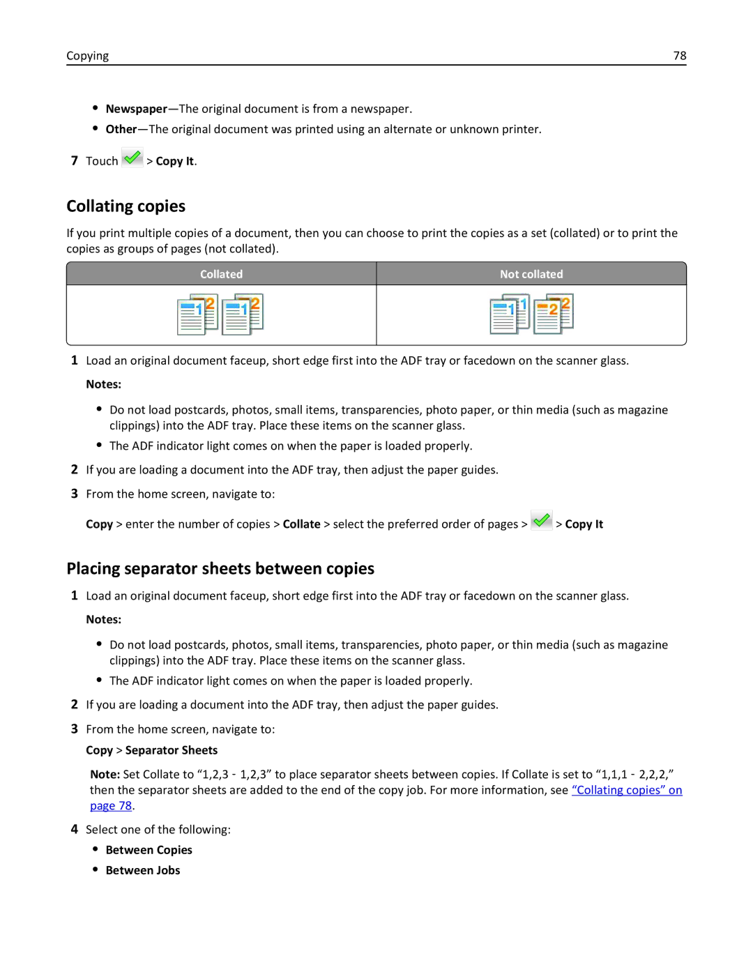 Lexmark CX410 manual Collating copies, Placing separator sheets between copies, Between Copies Between Jobs 