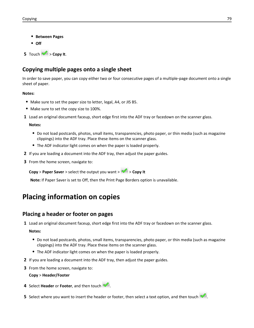 Lexmark CX410 manual Placing information on copies, Copying multiple pages onto a single sheet, Between Pages Off 