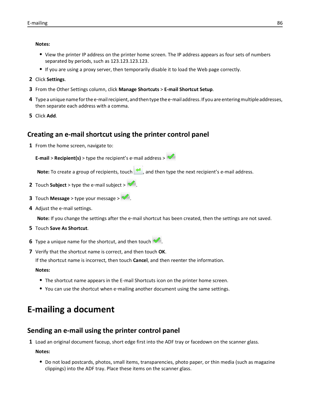 Lexmark CX410 manual Mailing a document, Creating an e-mail shortcut using the printer control panel, Click Settings 